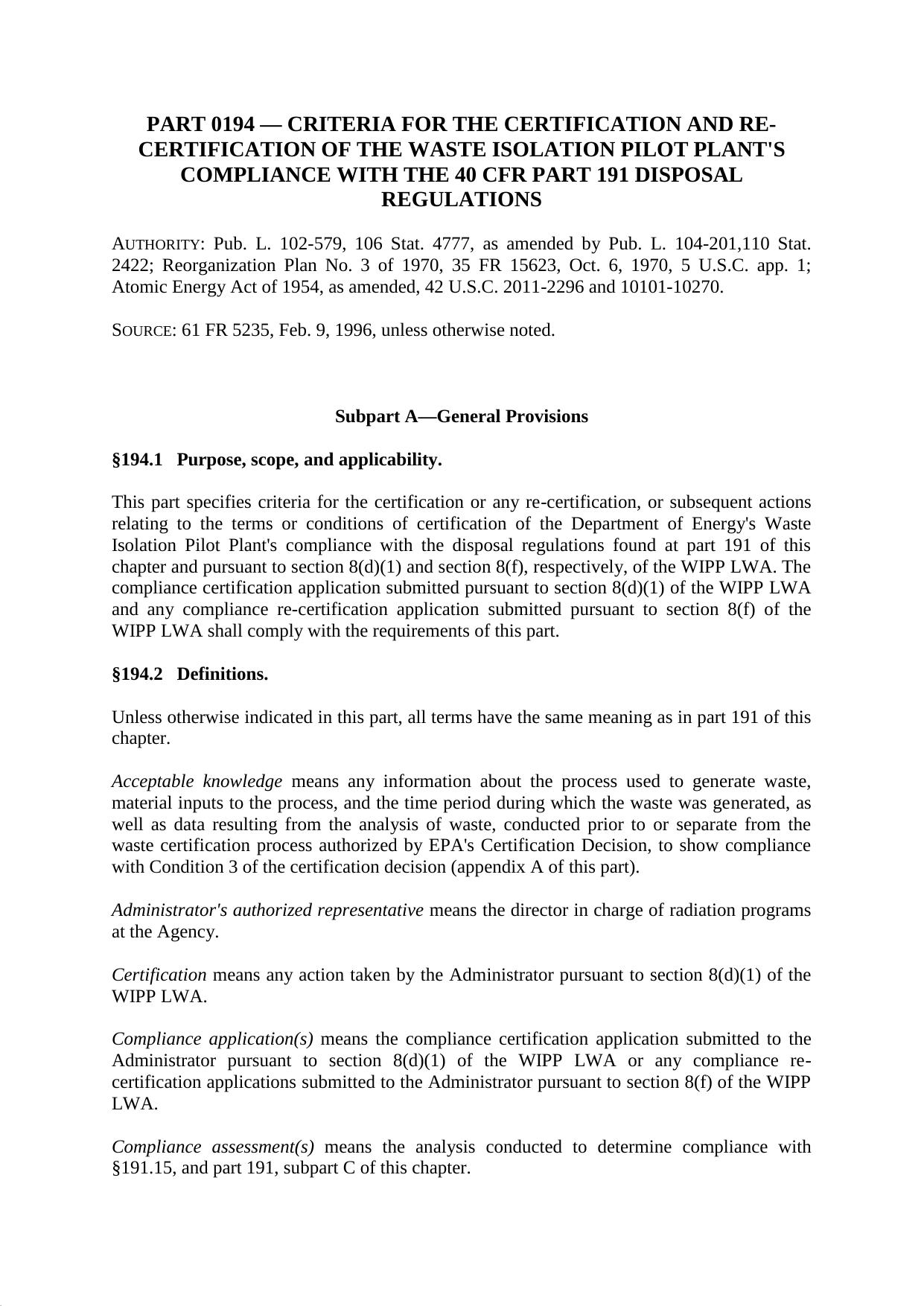 Title 40 - Paer 194 - Criteria for the Certification and Re-Certification of the by Regs4Ships - 09/11/2014