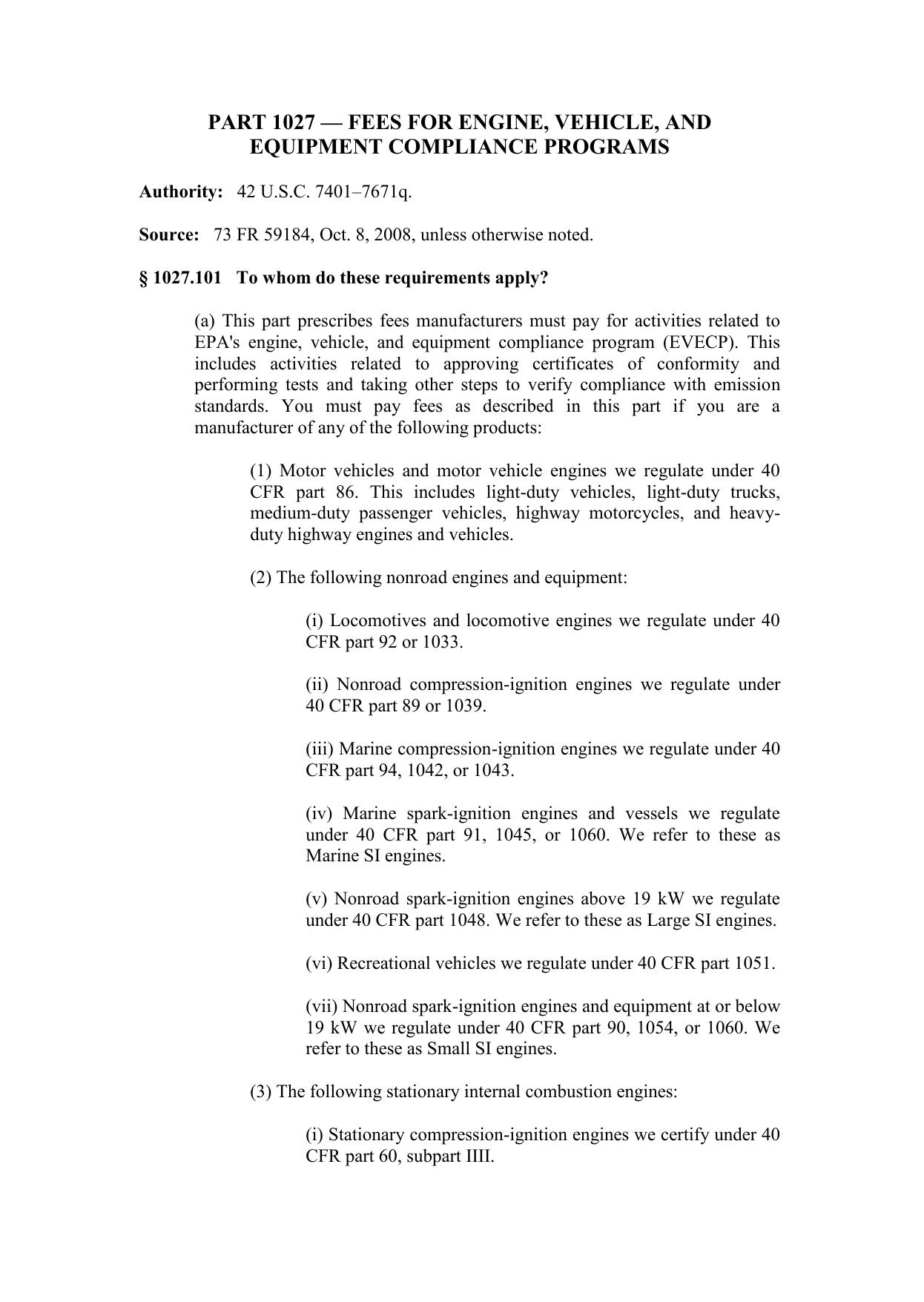 Title 40 - Part 1027 â Fees for Engine, Vehicle, and Equipment by Regs4Ships