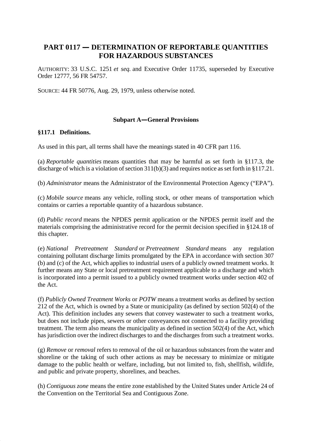 Title 40 - Part 117 - Determination of Reportable Quantities for Hazardous Substances by Regs4Ships - 11/03/2018