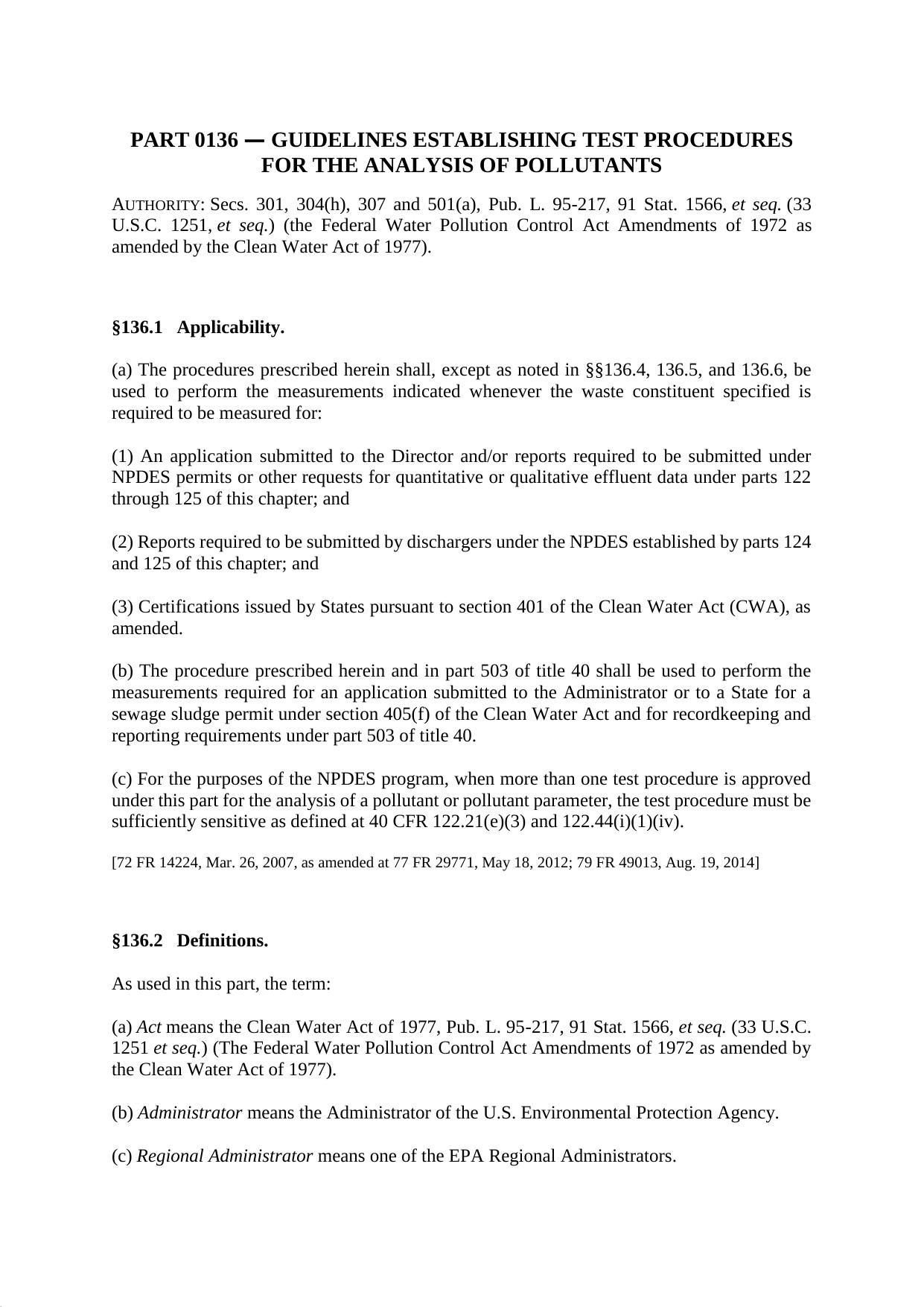 Title 40 - Part 136 - Guidelines Establishing Test Procedures for the Analysis of Pollutants by Regs4Ships - 01/11/2017
