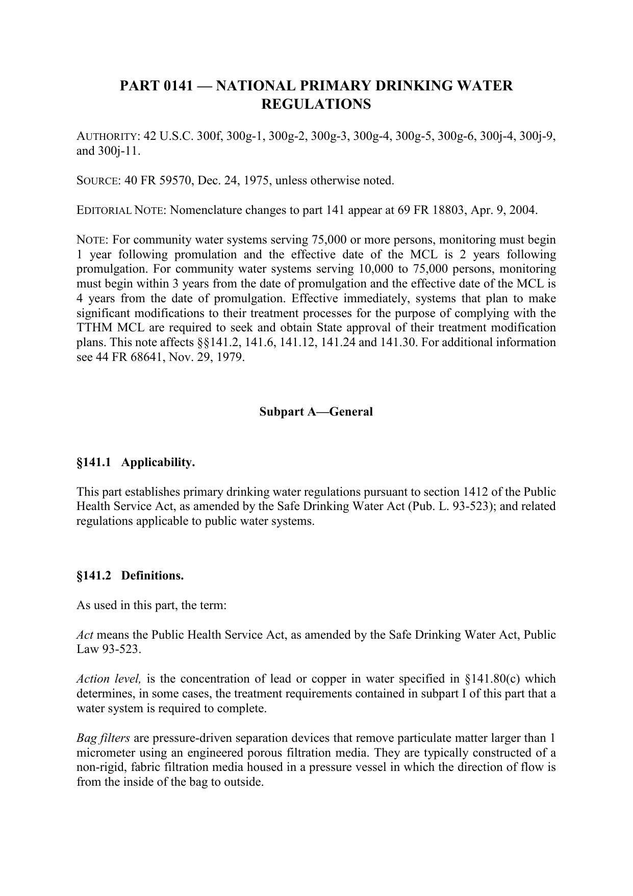 Title 40 - Part 141 - National Primary Drinking Water Regulations by Regs4Ships - 02/01/2019