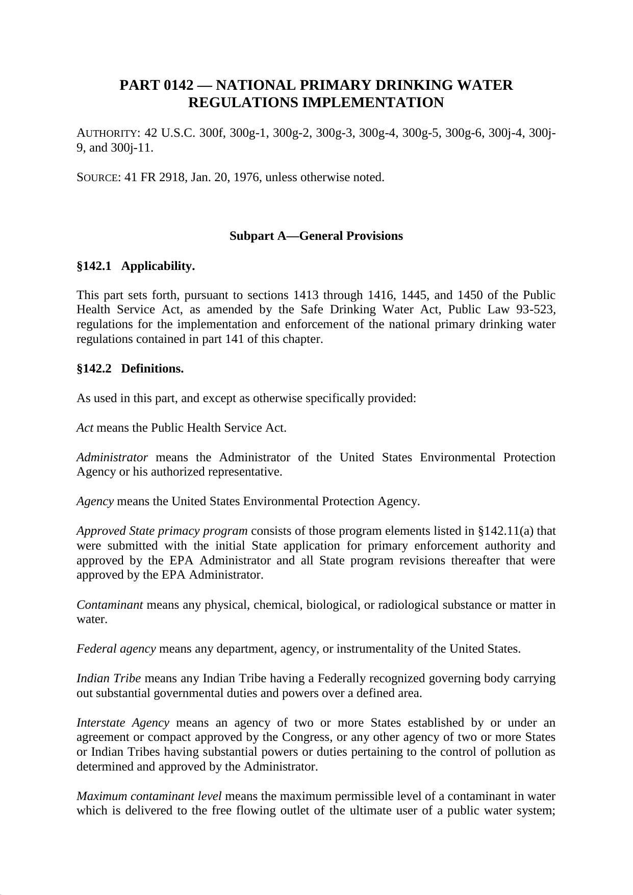 Title 40 - Part 142 - National Primary Drinking Water Regulations by Regs4Ships - 06/05/2014