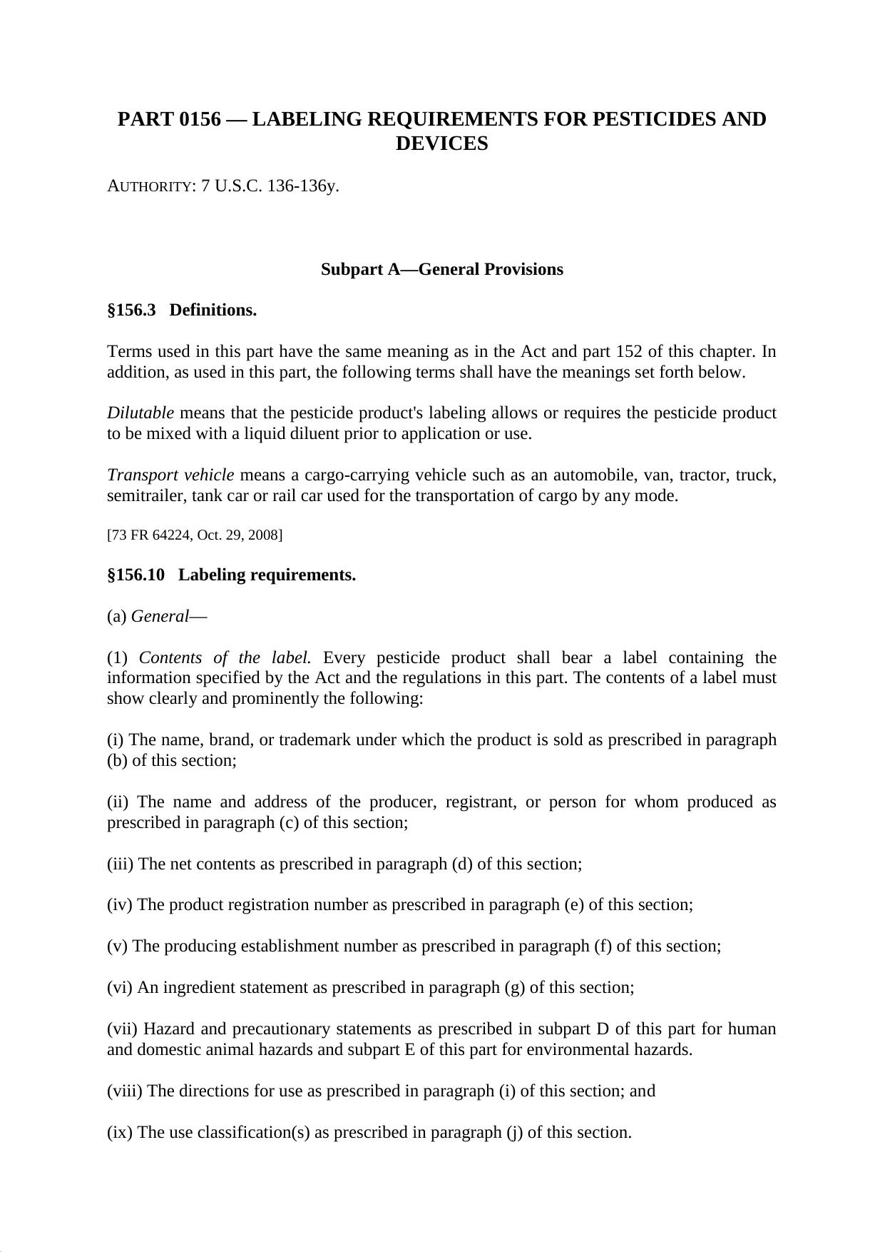 Title 40 - Part 156 - Labeling Requirements for Pesticides and Devices by Regs4Ships - 18/05/2015