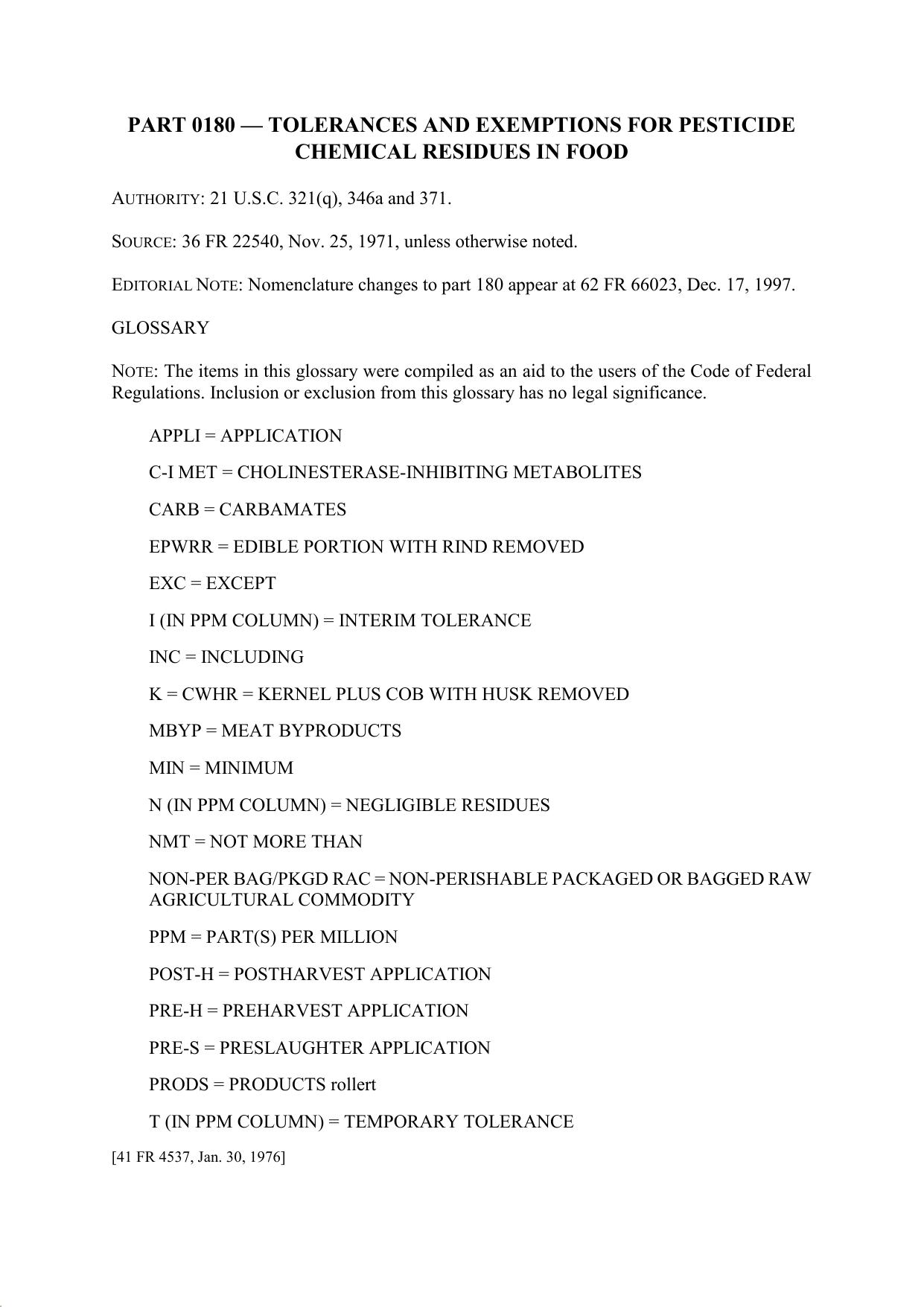 Title 40 - Part 180 - Tolerances and Exemptions for Pesticide Chemical Residues in Food by Regs4Ships - 21/07/2019