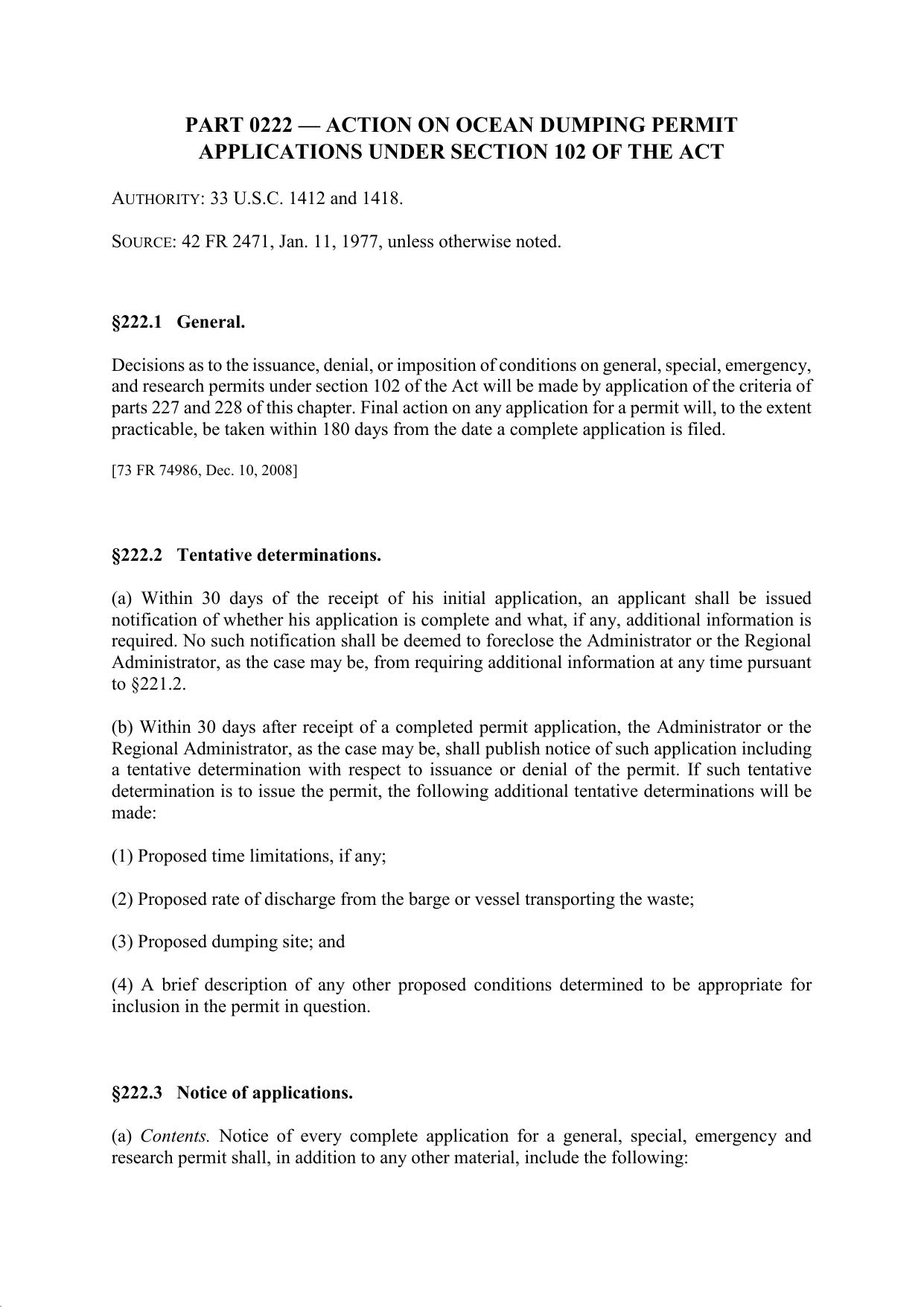 Title 40 - Part 222 - Action on Ocean Dumping Permit Applications Under Section 102 of the Act by Regs4Ships - 24/09/2019