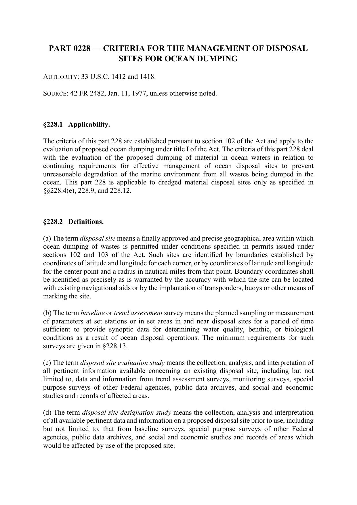 Title 40 - Part 228 - Criteria for the Management of Disposal Sites for Ocean Dumping by Redistributed by Regs4ships Ltd