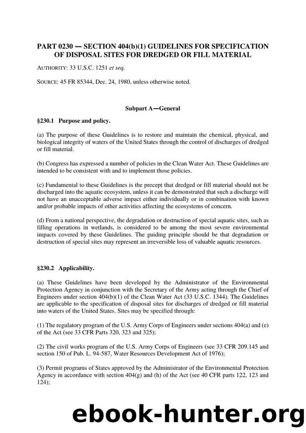 Title 40 - Part 230 - Dection 404(b)(1) Guidelines for Specification of Disposal Sites for Dredged or Fill Material by Regs4Ships - 11/03/2018