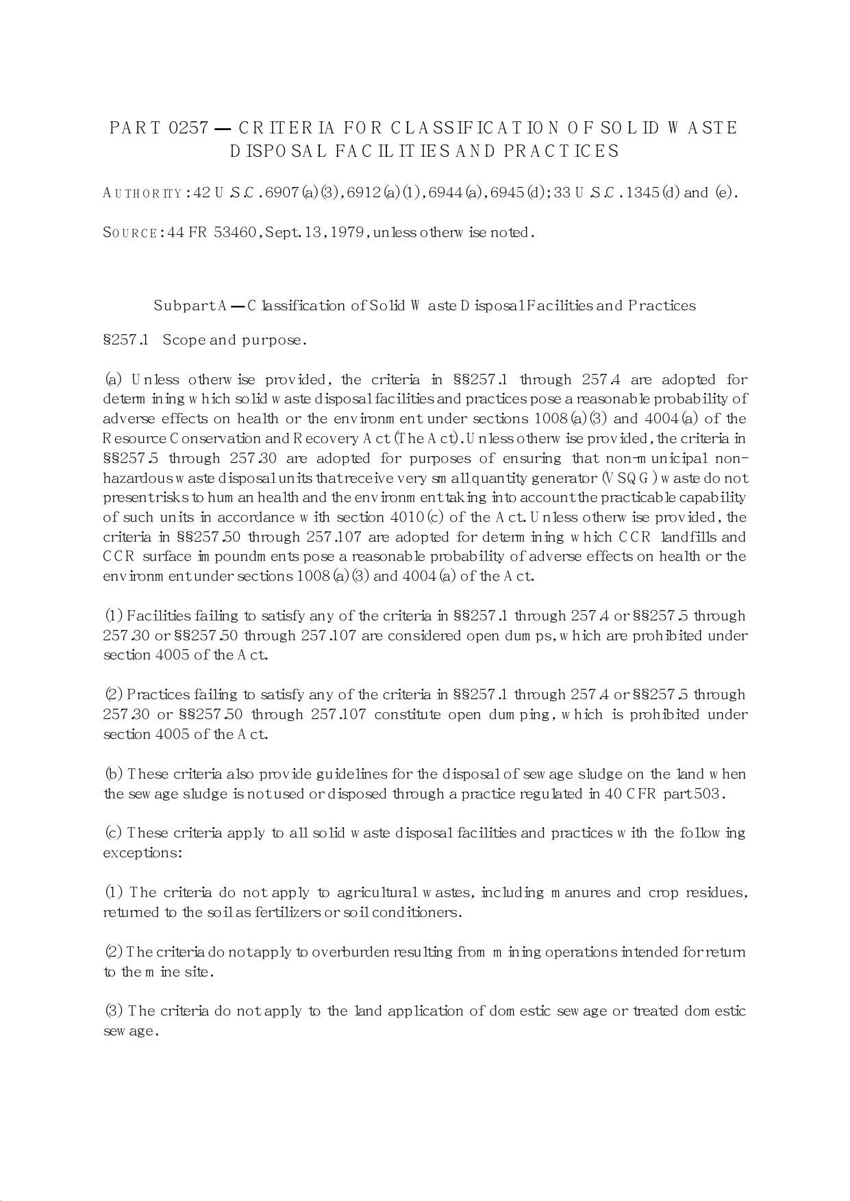 Title 40 - Part 257 - Criteria for Classification of Solid Waste Disposal Facilities and Practices by Regs4Ships - 18/09/2018