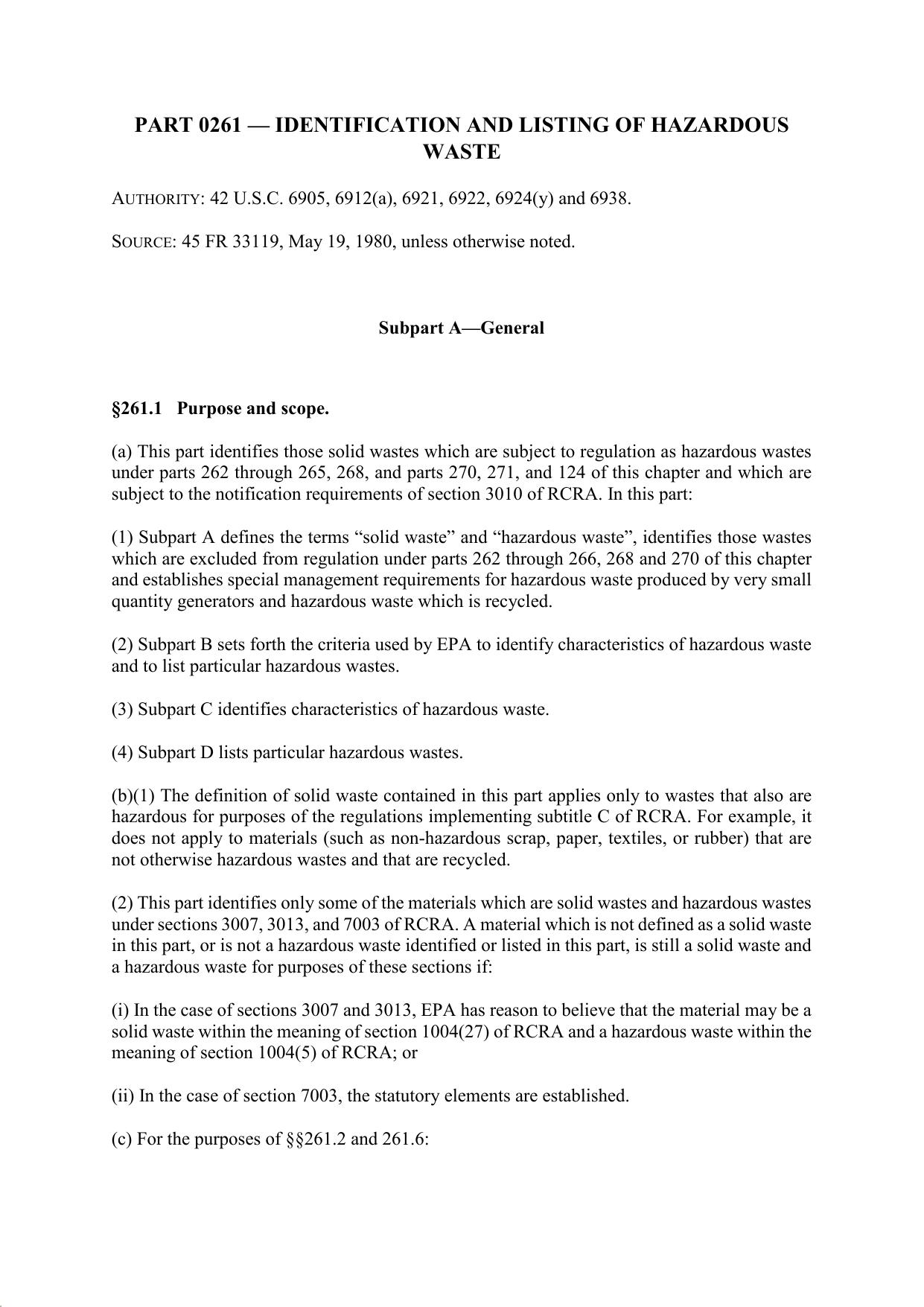 Title 40 - Part 261 - Identification and Listing of Hazardous Waste by Regs4Ships - 26/09/2019