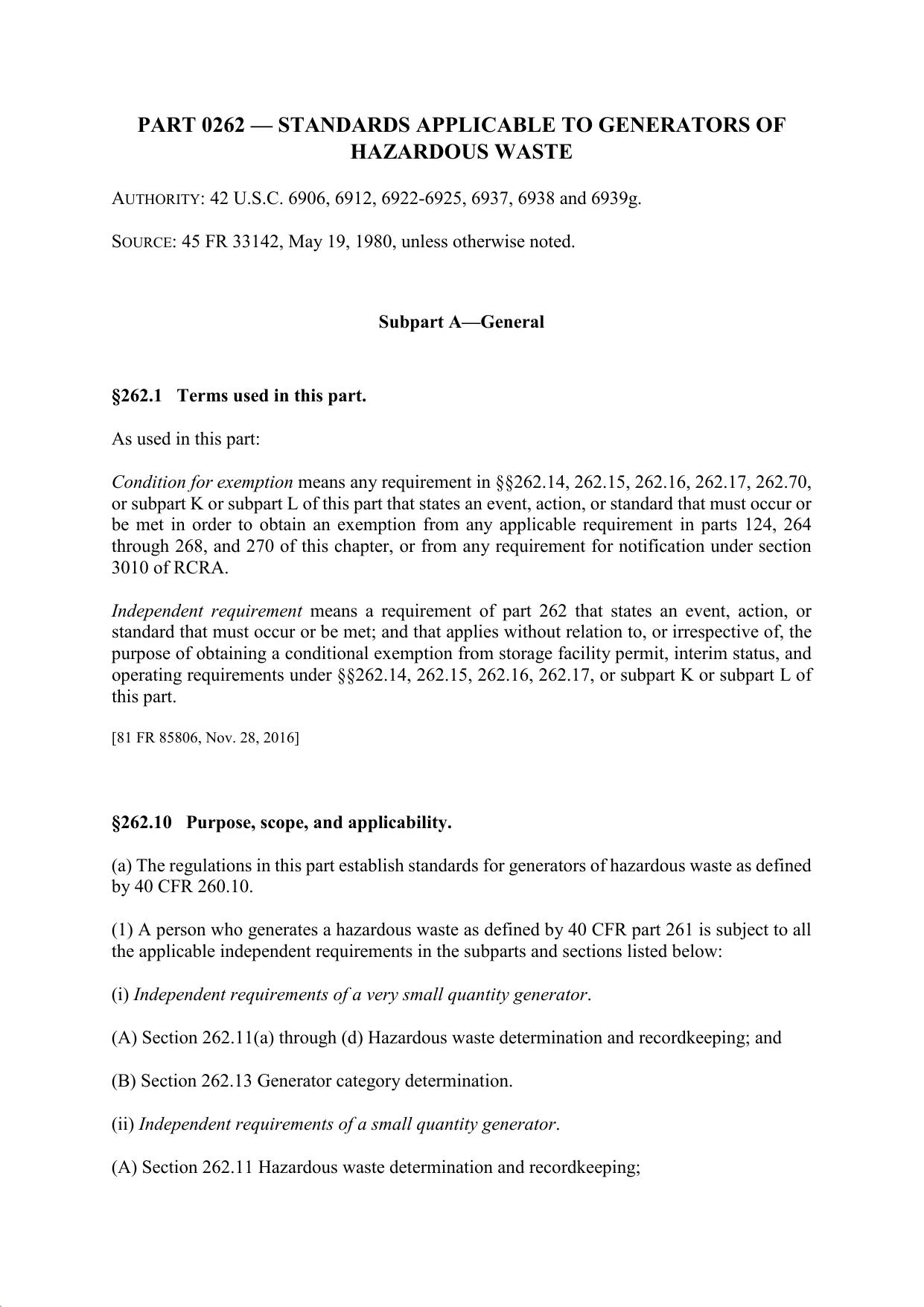 Title 40 - Part 262 - Standards Applicable to Generators of Hazardous Waste by Regs4Ships - 24/09/2019