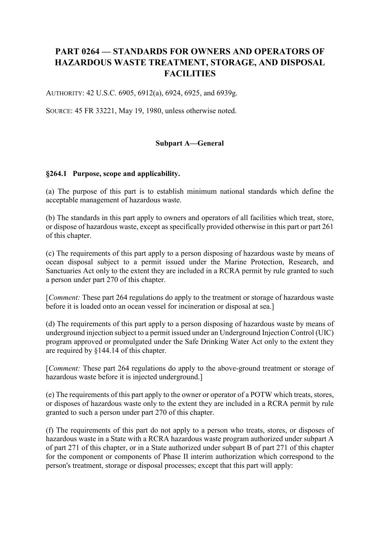 Title 40 - Part 264 - Standards for Owners and Operators of Hazardous Waste Treatment, Storage, and Disposal Facilities by Regs4Ships - 02/10/2019