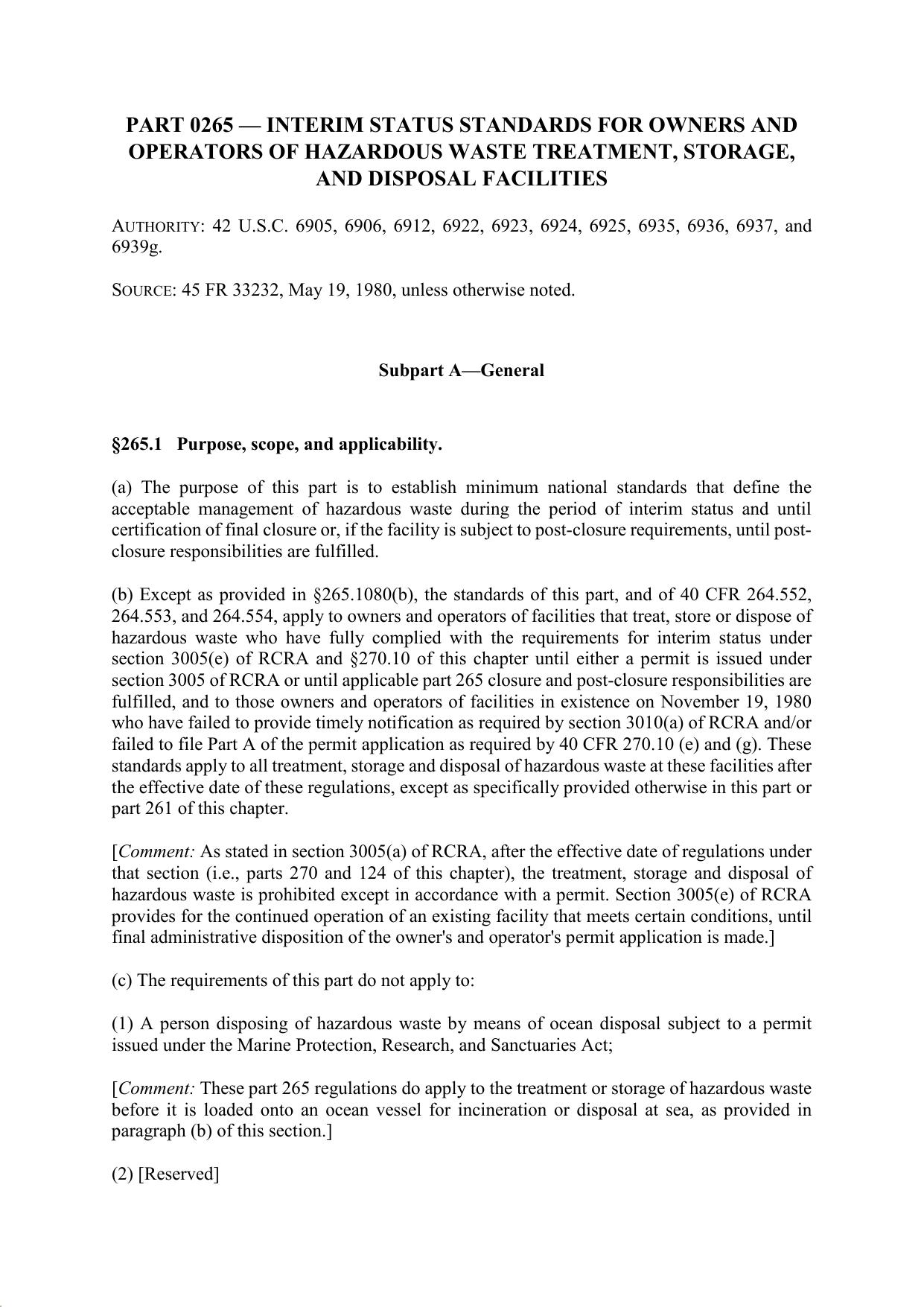 Title 40 - Part 265 - Interim Status Standards for Owners and Operators of Hazardous Waste Treatment, Storage, and Disposal Facilities by Regs4Ships - 26/09/2019