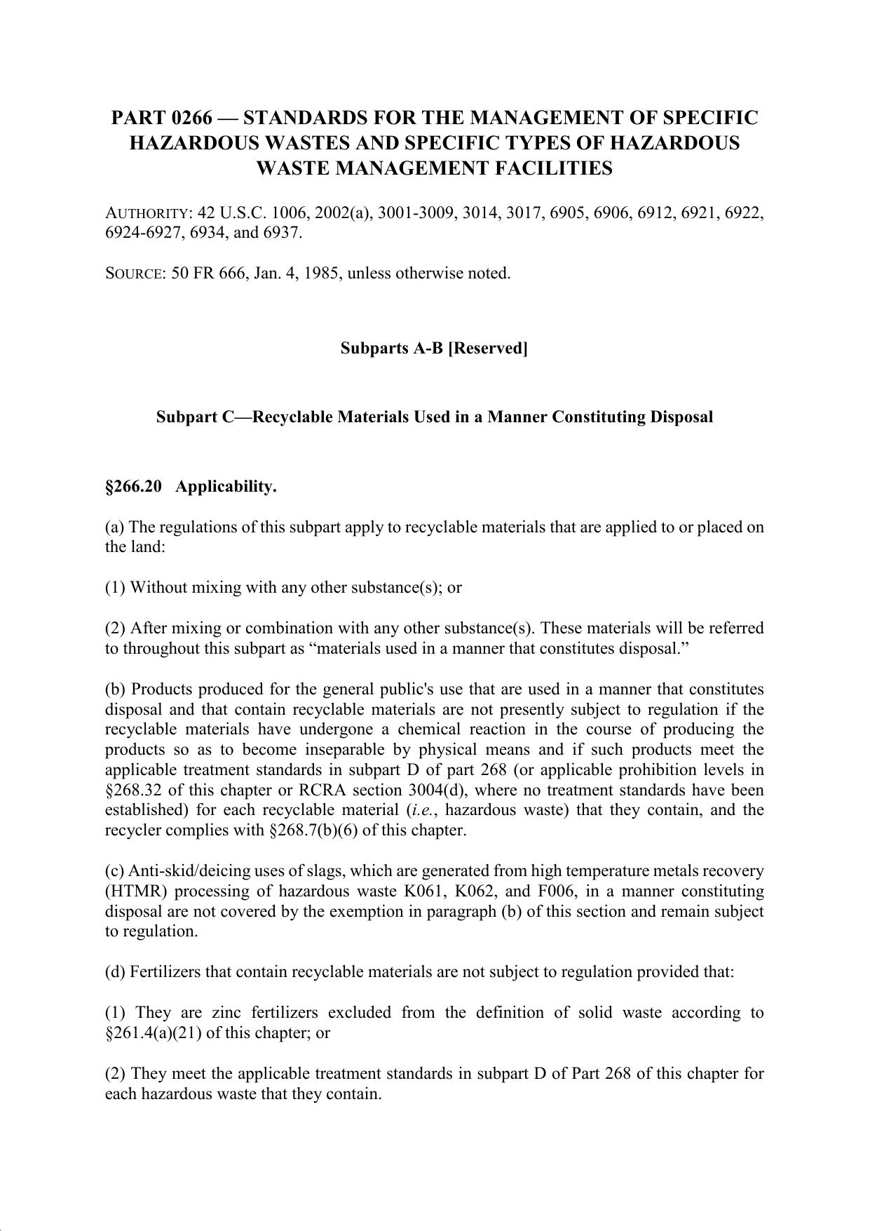 Title 40 - Part 266 - Standards for the Management of Specific Hazardous Wastes and Specific Types of Hazardous Waste Management Facilities by Regs4Ships - 26/09/2019