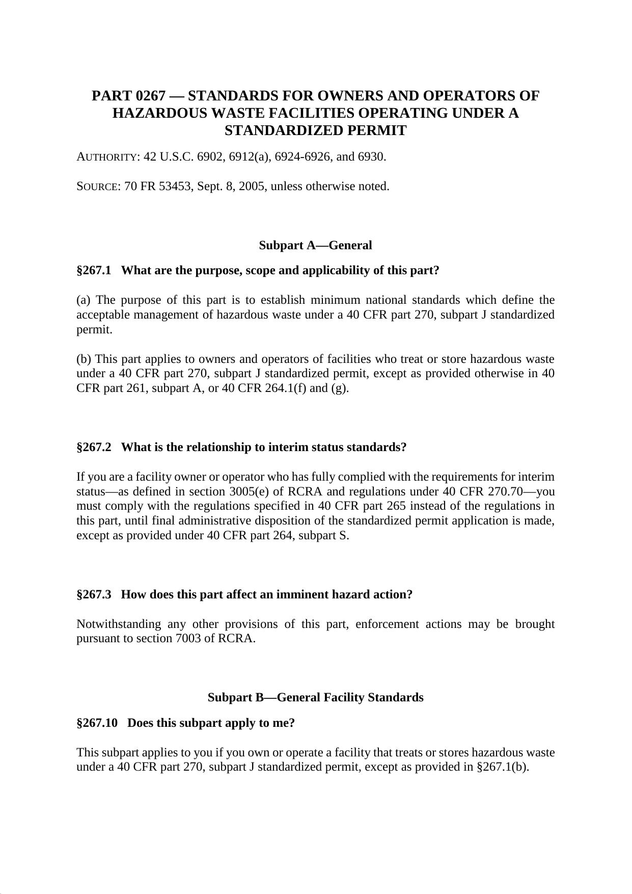 Title 40 - Part 267 - Standards for Owners and Operators of Hazardous Waste by Regs4Ships - 10/07/2017