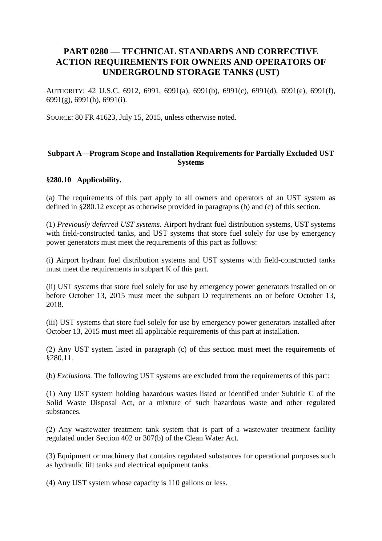 Title 40 - Part 280 - Technical Standards and Corrective Action Requirements for by Redistributed by Regs4ships Ltd