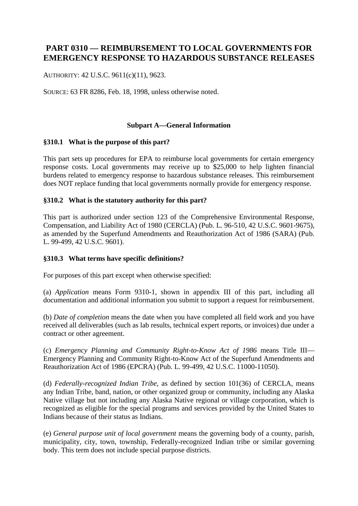 Title 40 - Part 310 - Reimbursement to Local Governments for Emergency by Regs4Ships - 07/01/2015