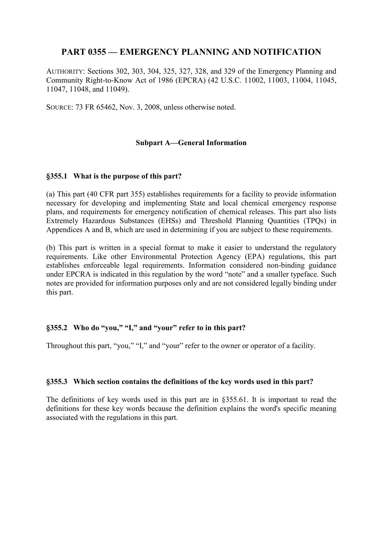 Title 40 - Part 355 - Emergency Planning and Notification by Redistributed by Regs4ships Ltd
