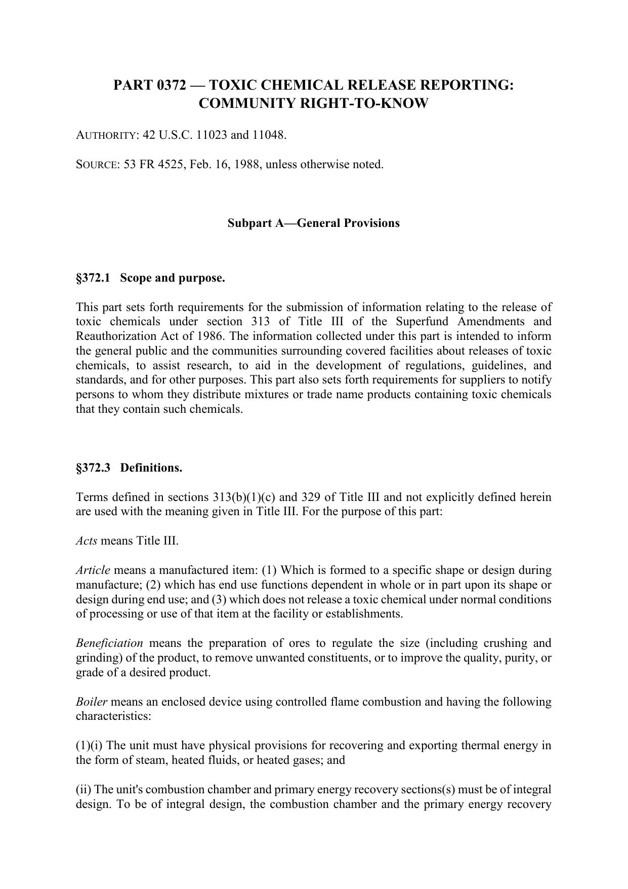 Title 40 - Part 372 - Toxic Chemical Release Reporting: Community Right-to-Know by Regs4Ships - 15/01/2018