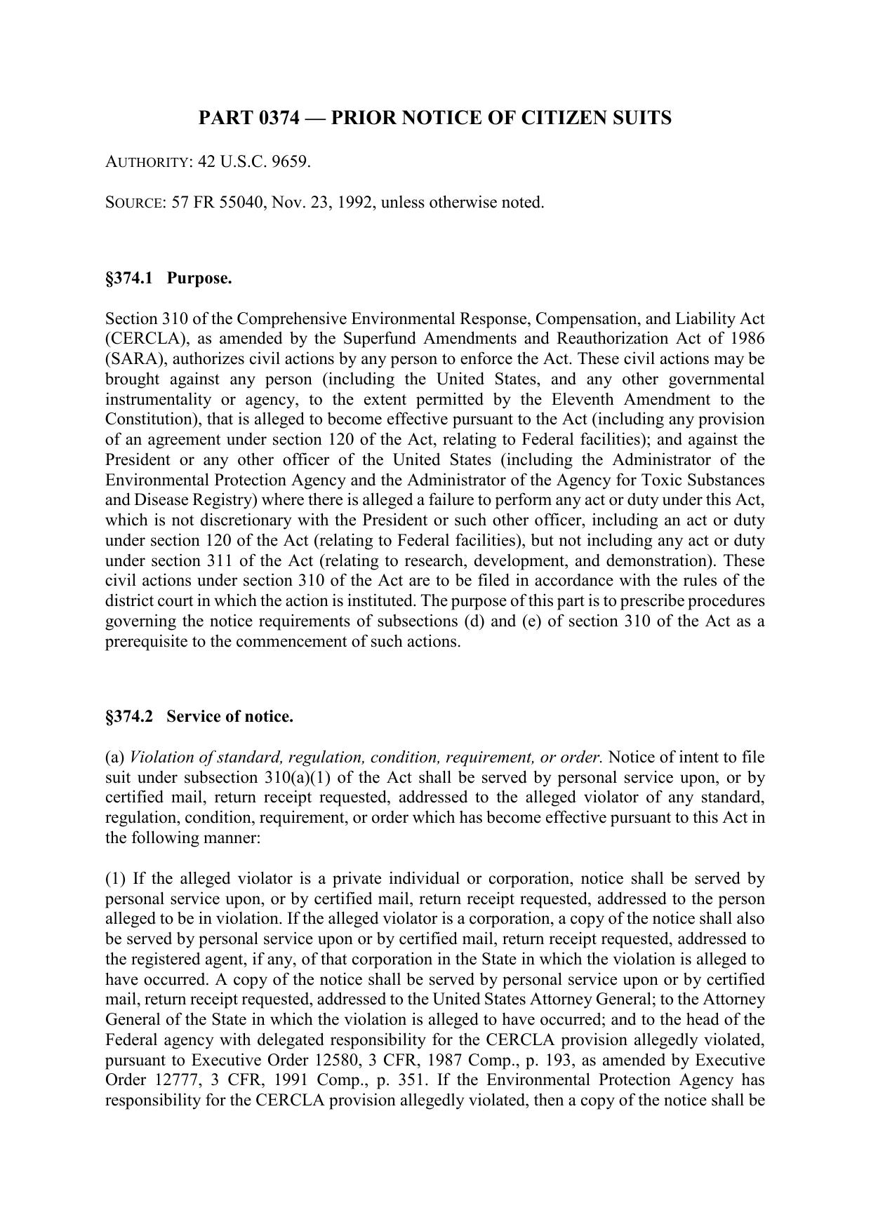 Title 40 - Part 374 - Prior Notice of Citizen Suits by Redistributed by Regs4ships Ltd