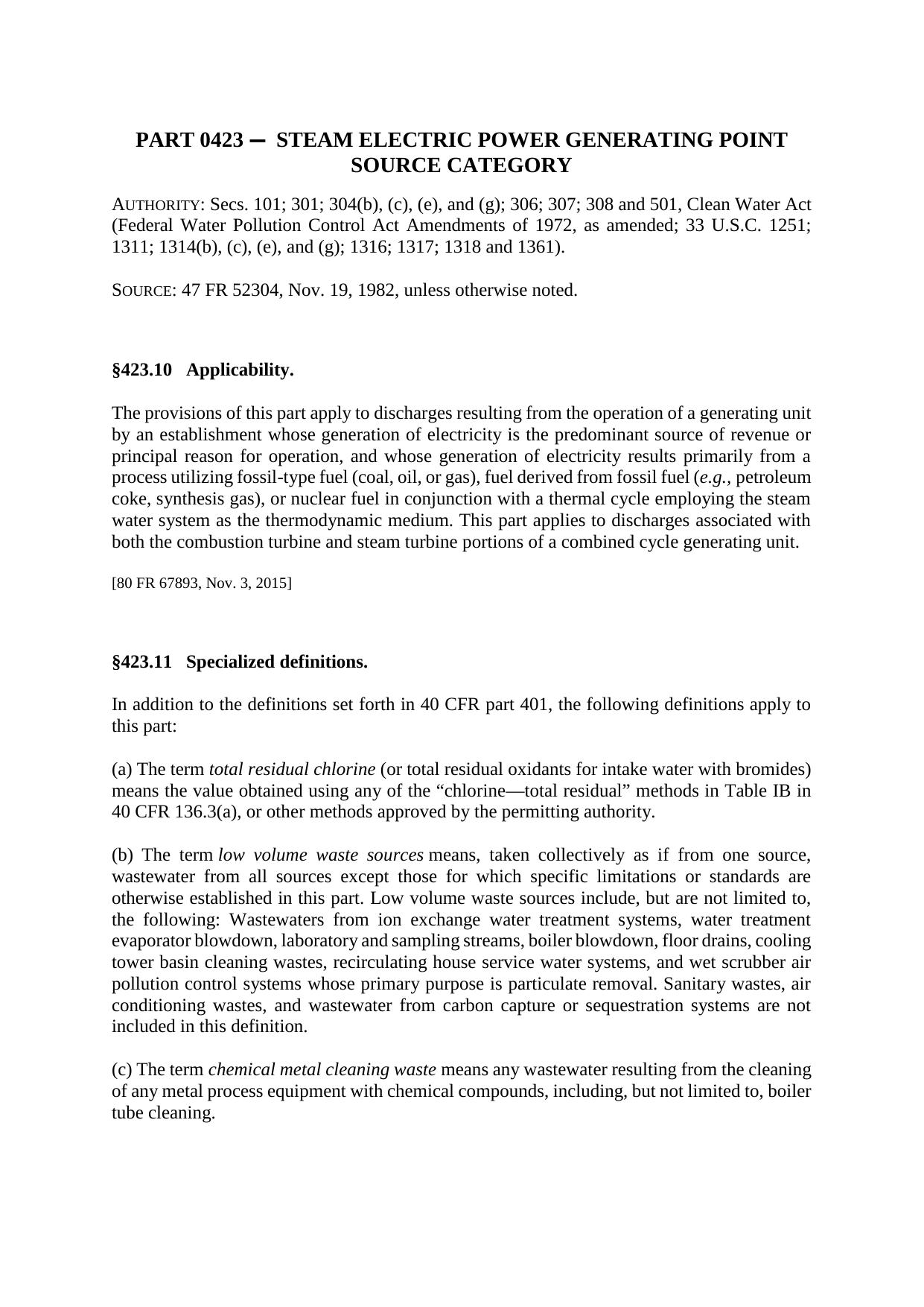 Title 40 - Part 423 - Steam Electric Power Generating Point Source Category by Redistributed by Regs4ships Ltd