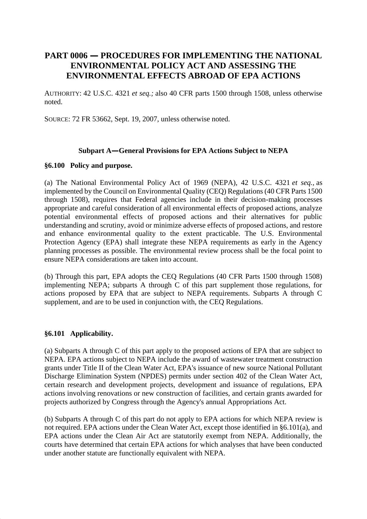 Title 40 - Part 6 - Procedures for Implementing the National Environmental Policy Act and Assessing the Environmental Effects Abroad of EPA Actions by Regs4Ships - 03/10/2018