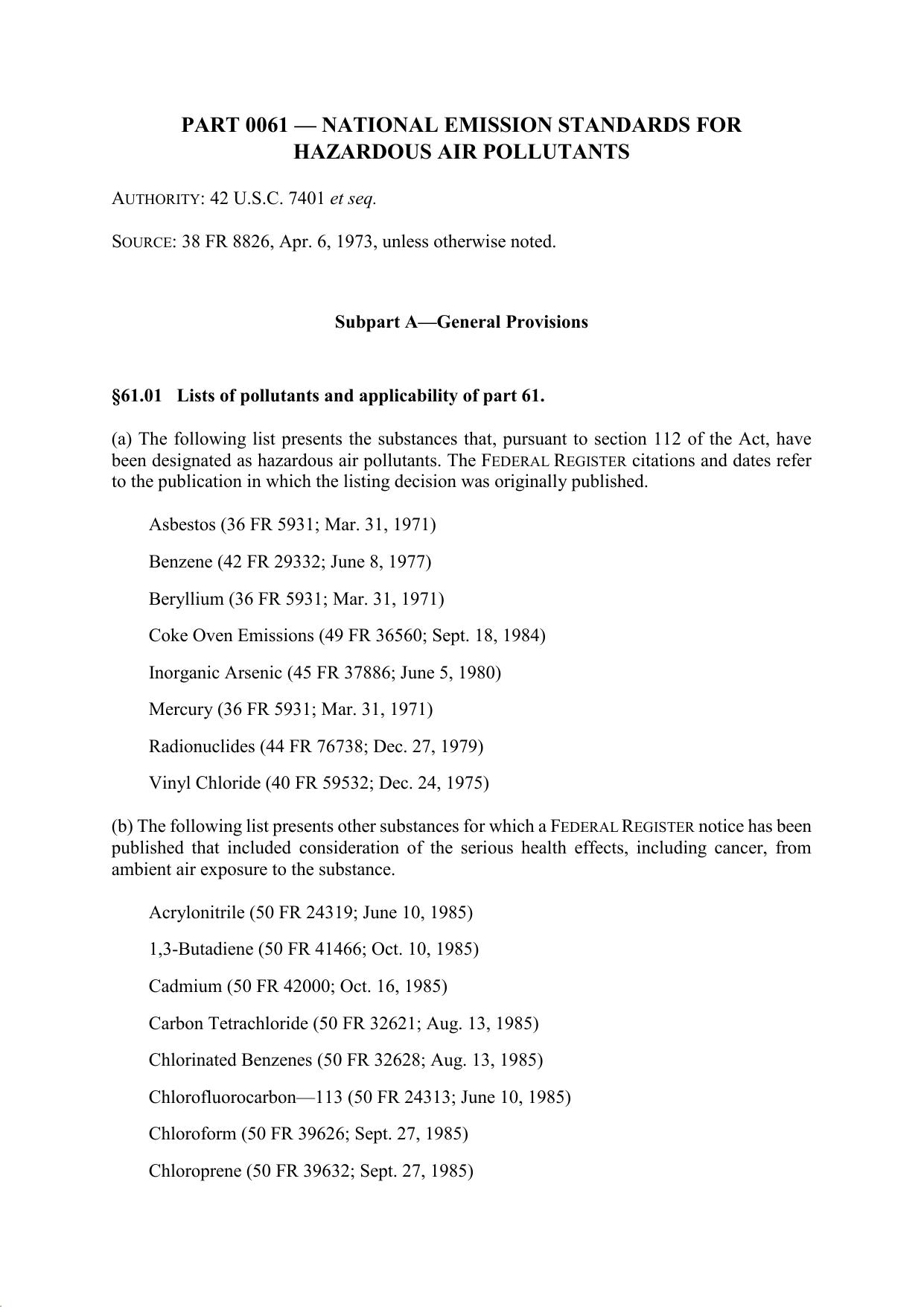 Title 40 - Part 61 - National Emission Standards for Hazardous Air Pollutants by Regs4Ships - 26/09/2019