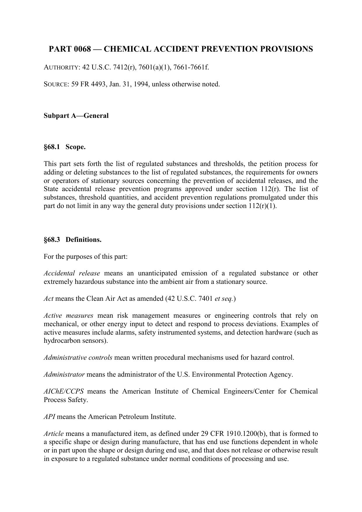 Title 40 - Part 68 - Chemical Accident Prevention Provisions by Regs4Ships - 15/01/2018