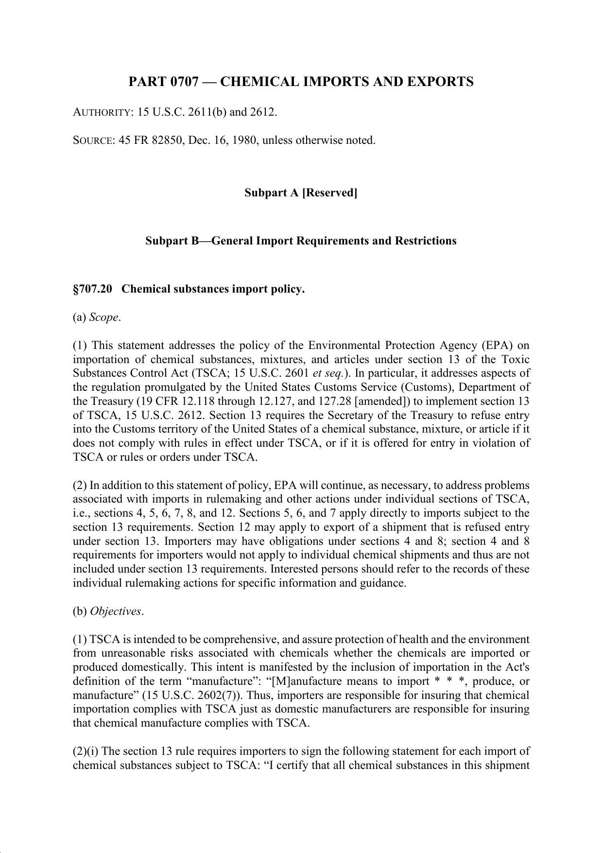 Title 40 - Part 707 - Chemical Imports and Exports by Regs4Ships - 24/09/2019