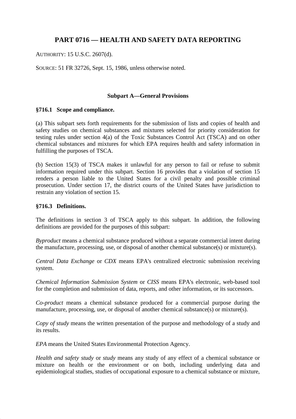 Title 40 - Part 716 - Health and Safety Data Reporting by Regs4Ships - 07/04/2014