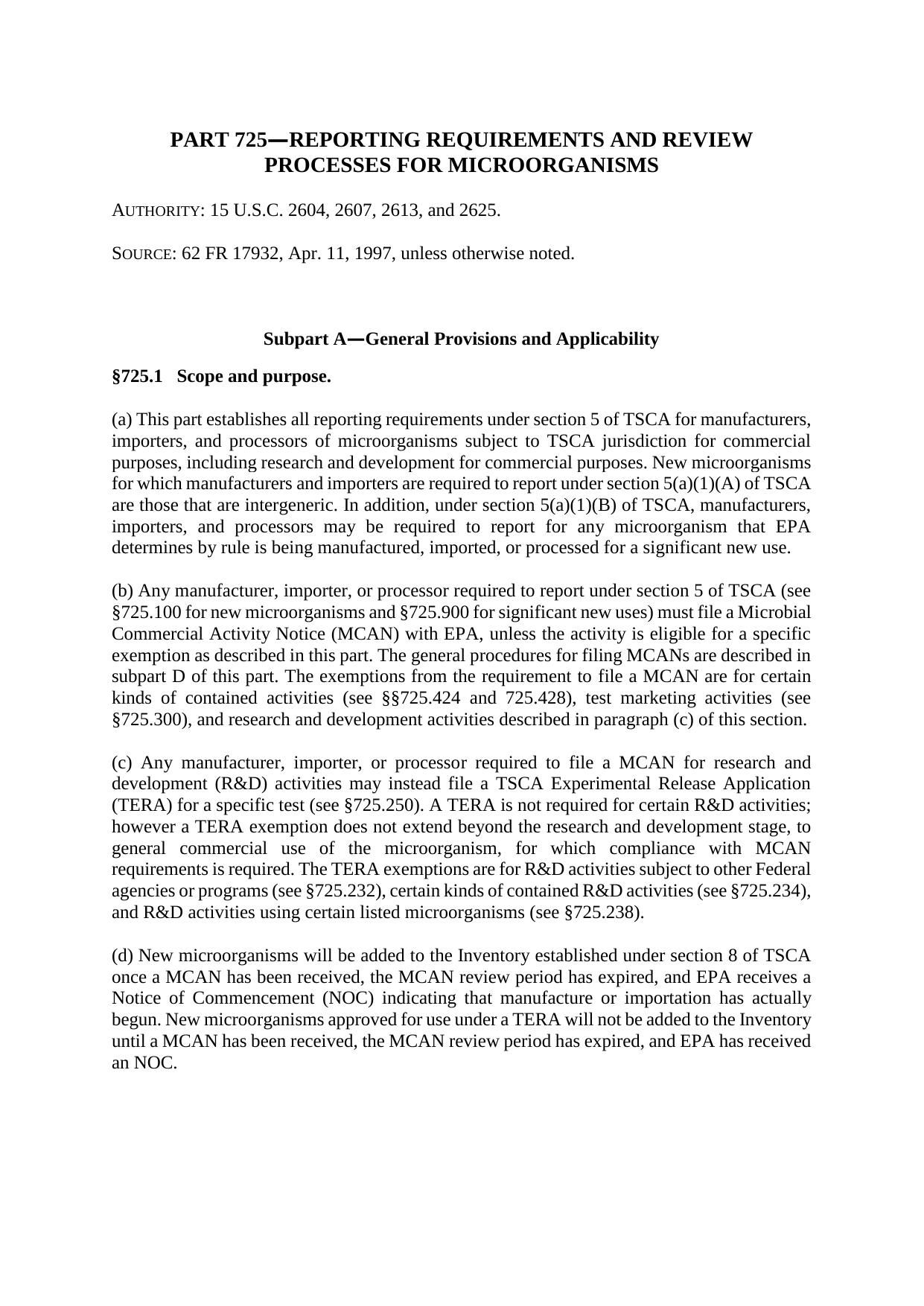 Title 40 - Part 725 - Reporting Requirements and Review Processes for Microorganisms by Redistributed by Regs4ships Ltd