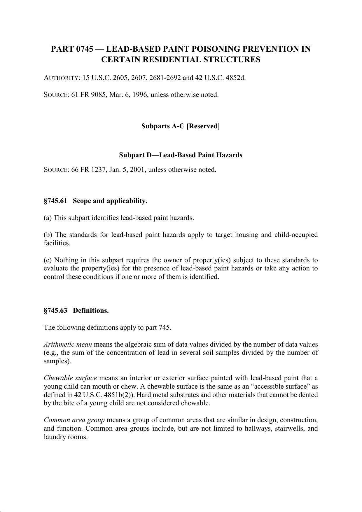 Title 40 - Part 745 - Lead-Based Paint Poisoning Prevention in Certain Residential Structures by Regs4Ships - 15/08/2019