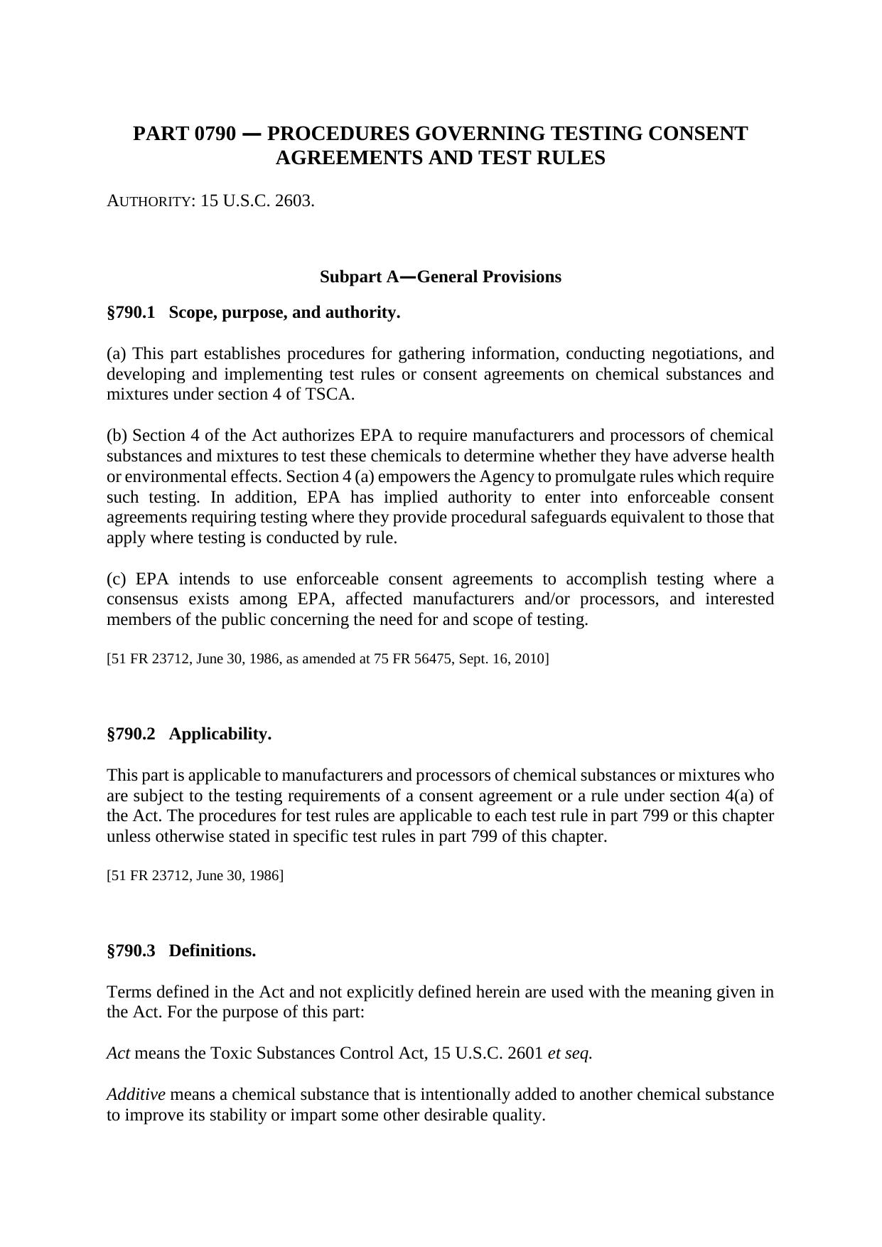 Title 40 - Part 790 - Procedures Governing Testing Consent Agreements and Test Rukes by Redistributed by Regs4ships Ltd
