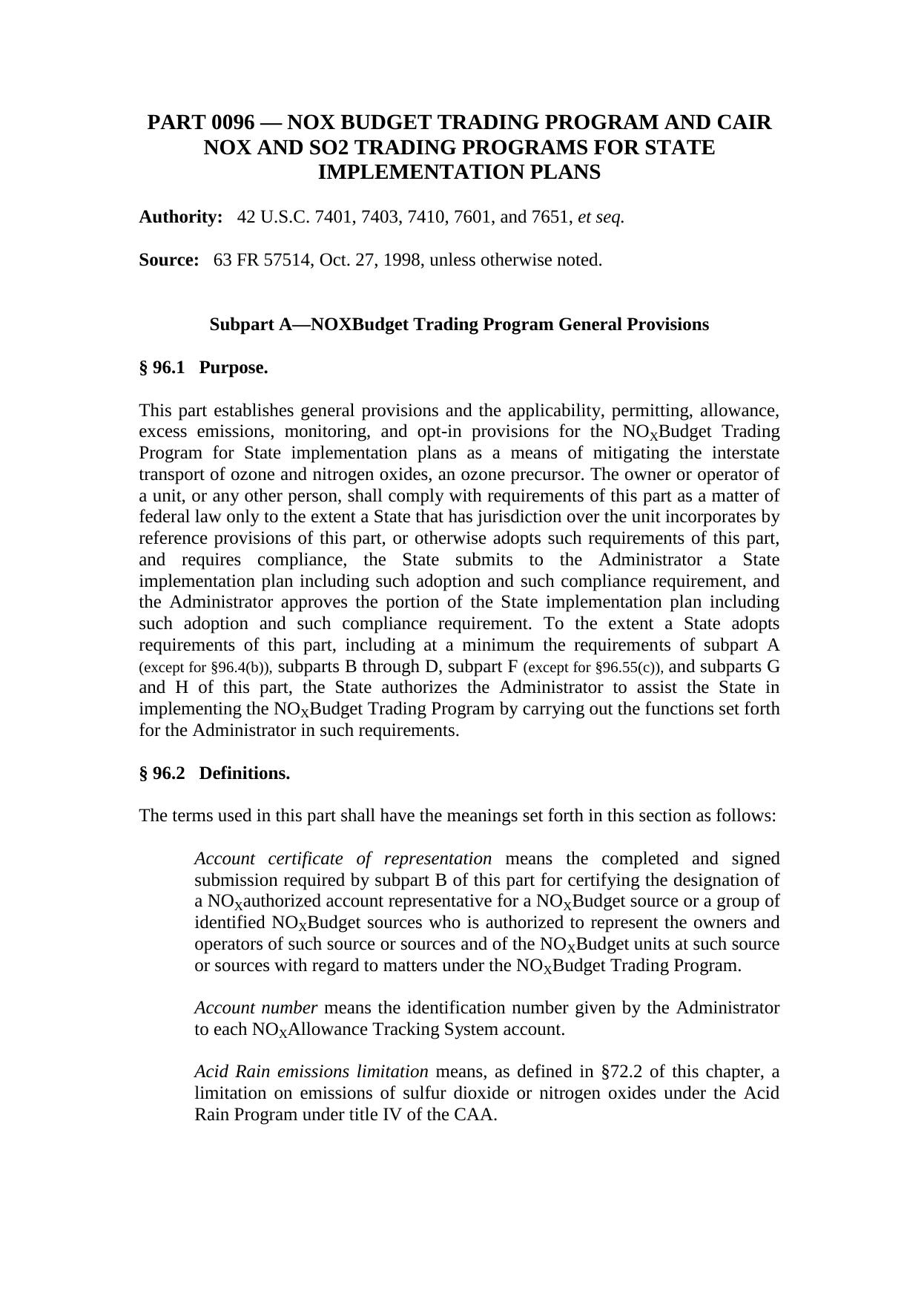 Title 40 - Protection of Environment - Part 96 - Nox Budget Trading Program by Regs4Ships