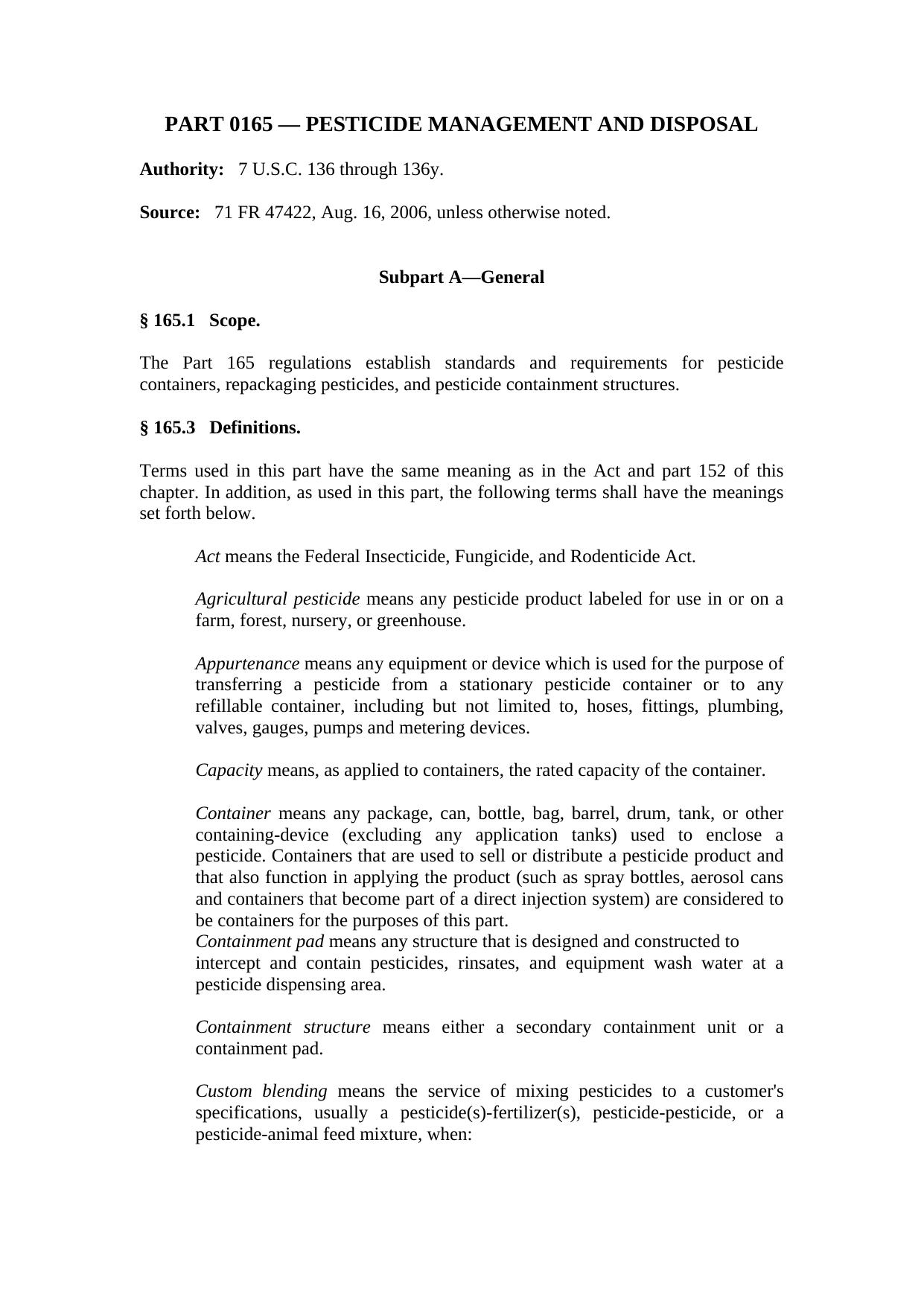 Title 40 - Protection of the Environment - Part 165 - Pesticide Management by Regs4Ships