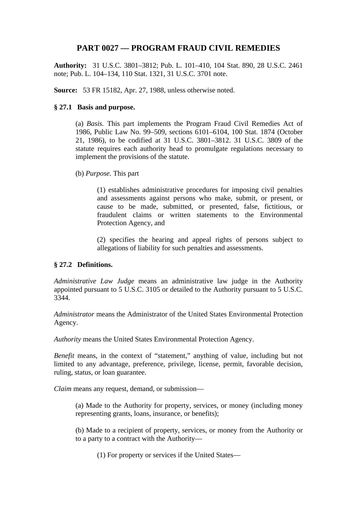 Title 40 - Protection of the Environment - Part 27 - Program Fraud Civil Remedies by Regs4Ships