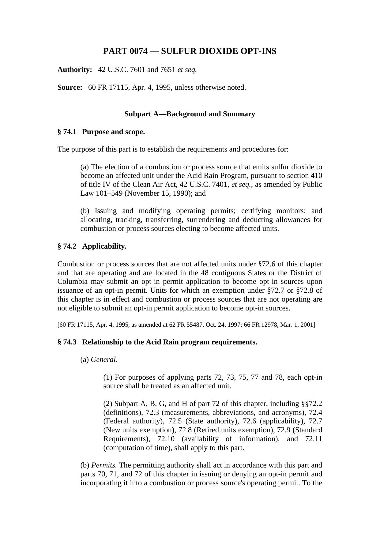 Title 40 - Protection of the Environment - Part 74 - Sulfur Dioxide Opt-Ins by Regs4Ships