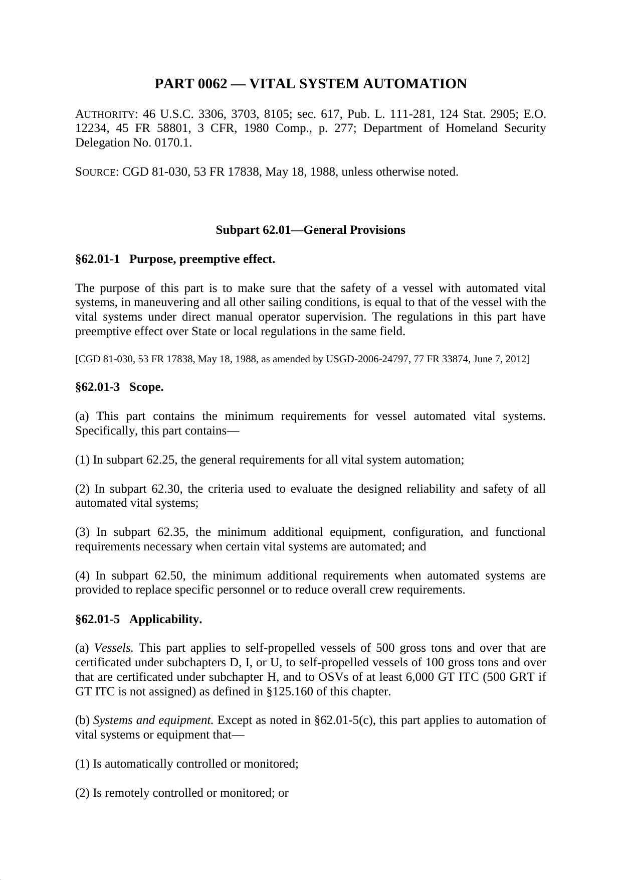 Title 46 - Part 62 - Vital System Automation by Regs4Ships - 02/12/2014