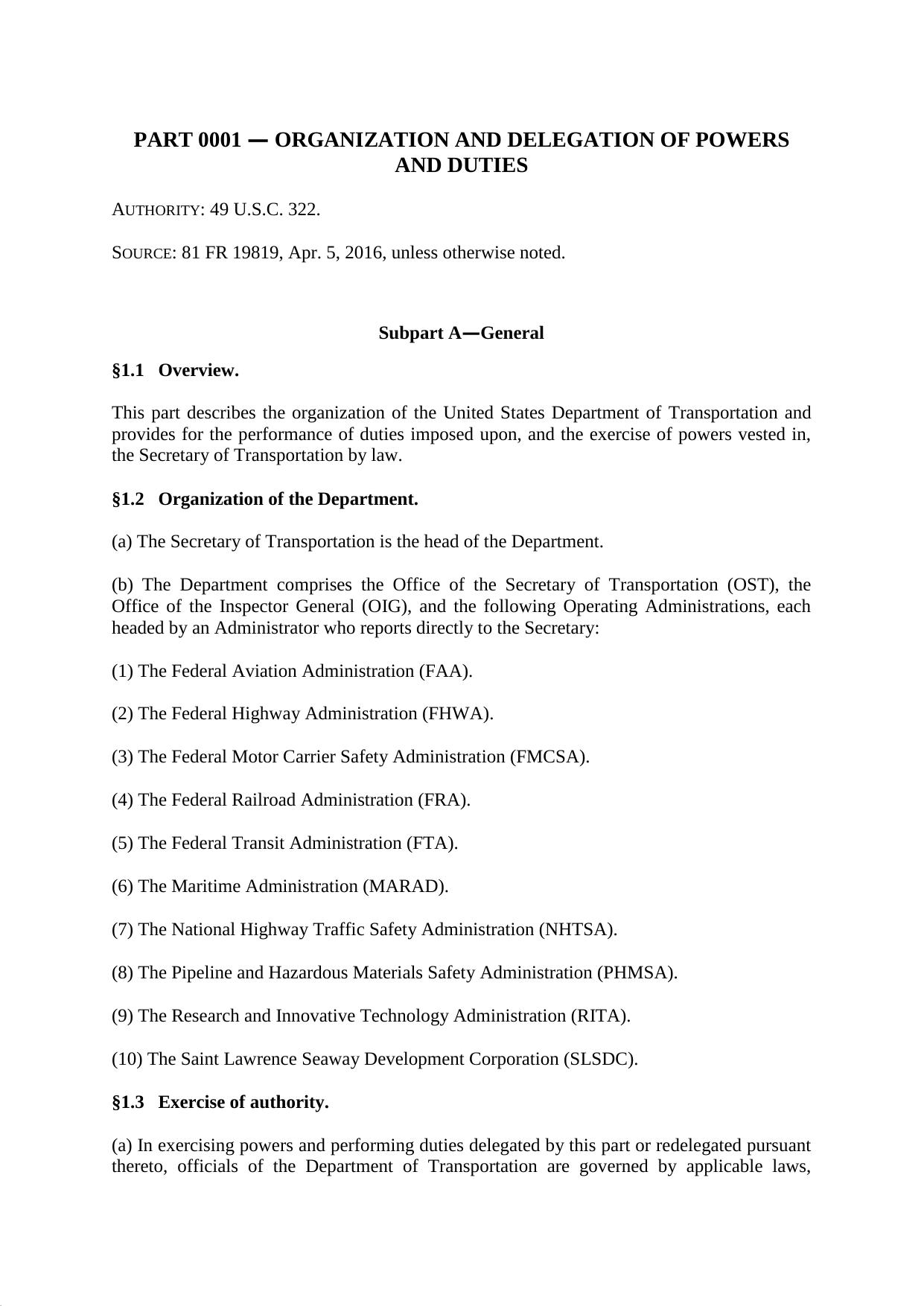 Title 49 - Part 1 - Organization and Delegation of Powers and Duties by Regs4Ships - 15/05/2017