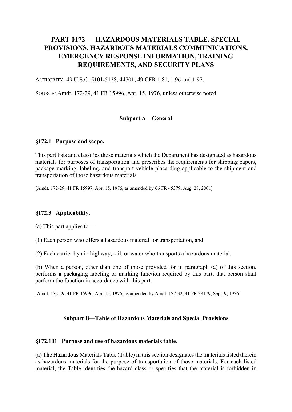 Title 49 - Part 172 - Hazardous Materials Table, Special Provisions, Hazardous Materials Communications, Emergency Response Information, Training Requirements, and Security Plans by Regs4Ships - 21/01/2019