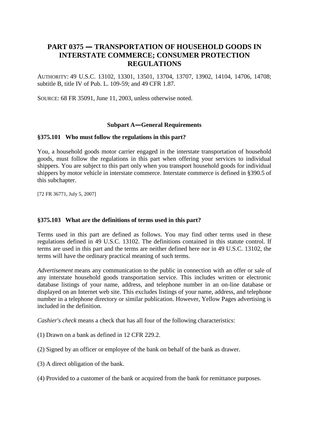 Title 49 - Part 375 - Transportation of Household Goods in Interstate Commerce; Consumer Protection Regulations by Regs4Ships - 21/05/2018
