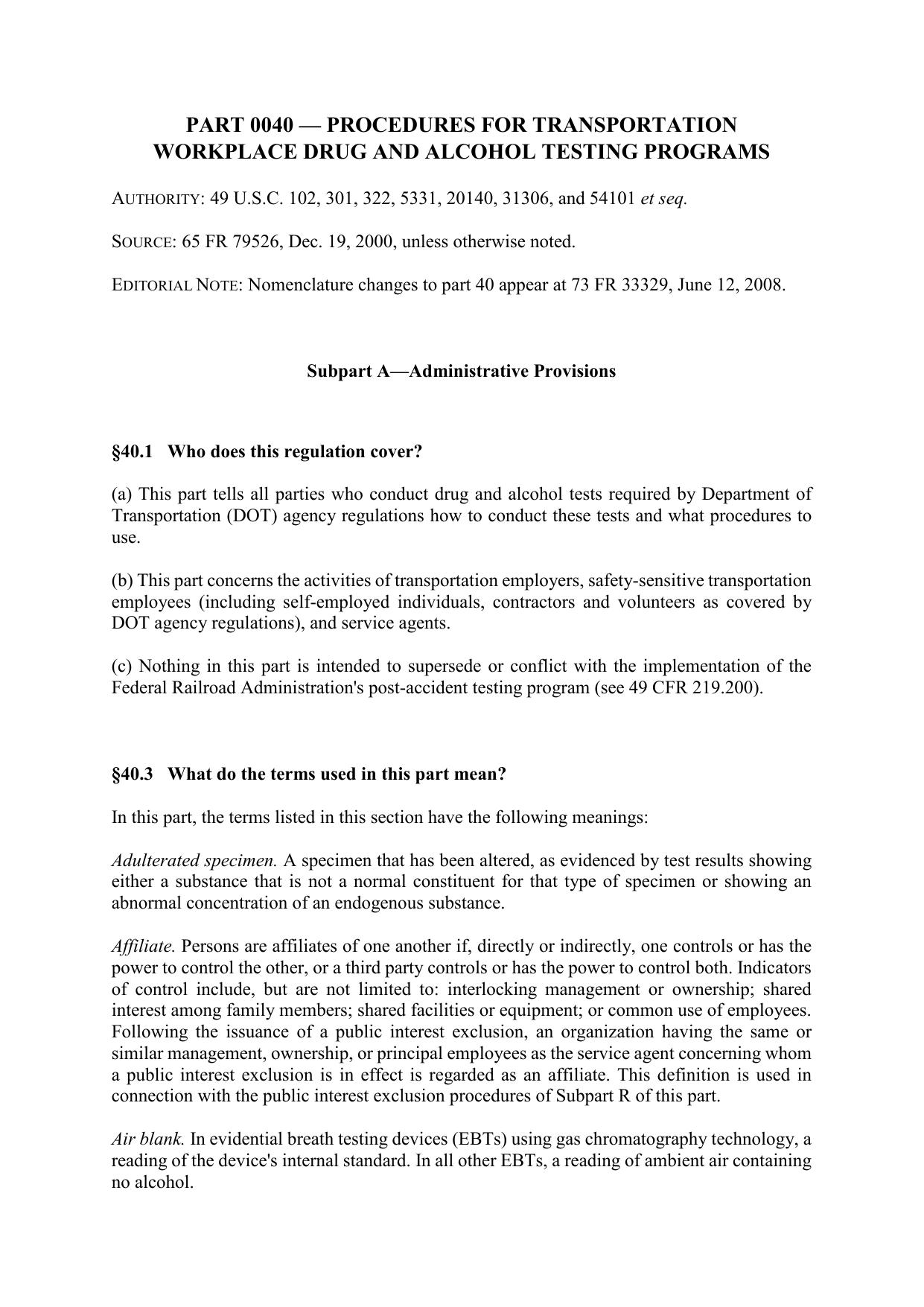 Title 49 - Part 40 - Procedures for Transportation Workplace Drug and Alcohol Testing Programs by Redistributed by Regs4ships Ltd