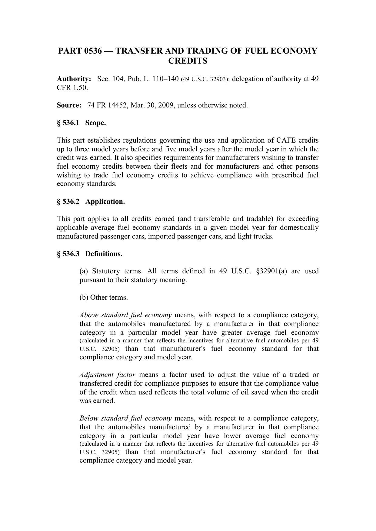 Title 49 - Part 536 — Transfer and Trading of Fuel Economy Credits by Regs4Ships - 10/11/2010