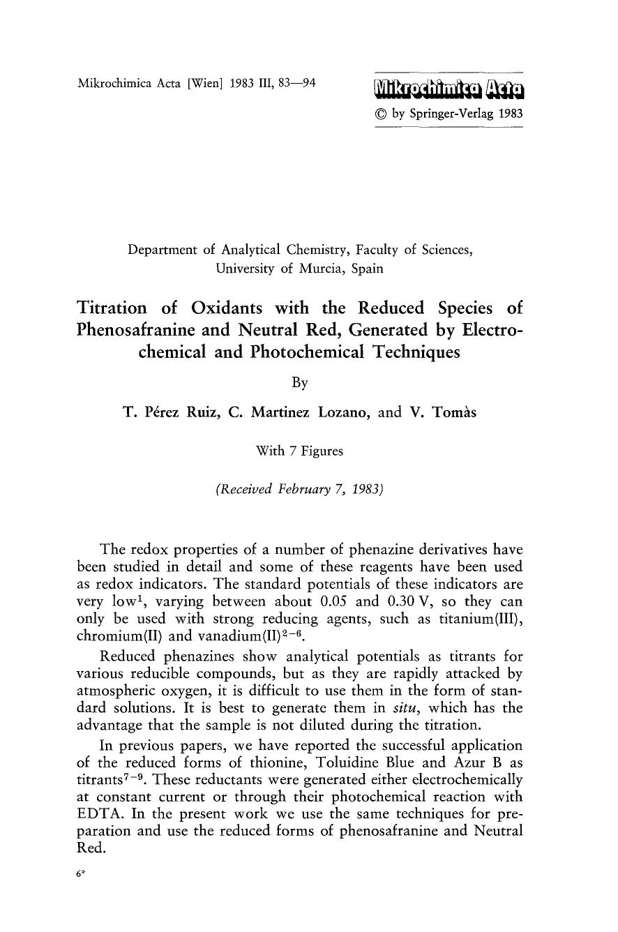Titration of oxidants with the reduced species of phenosafranine and neutral red, generated by electrochemical and photochemical techniques by Unknown
