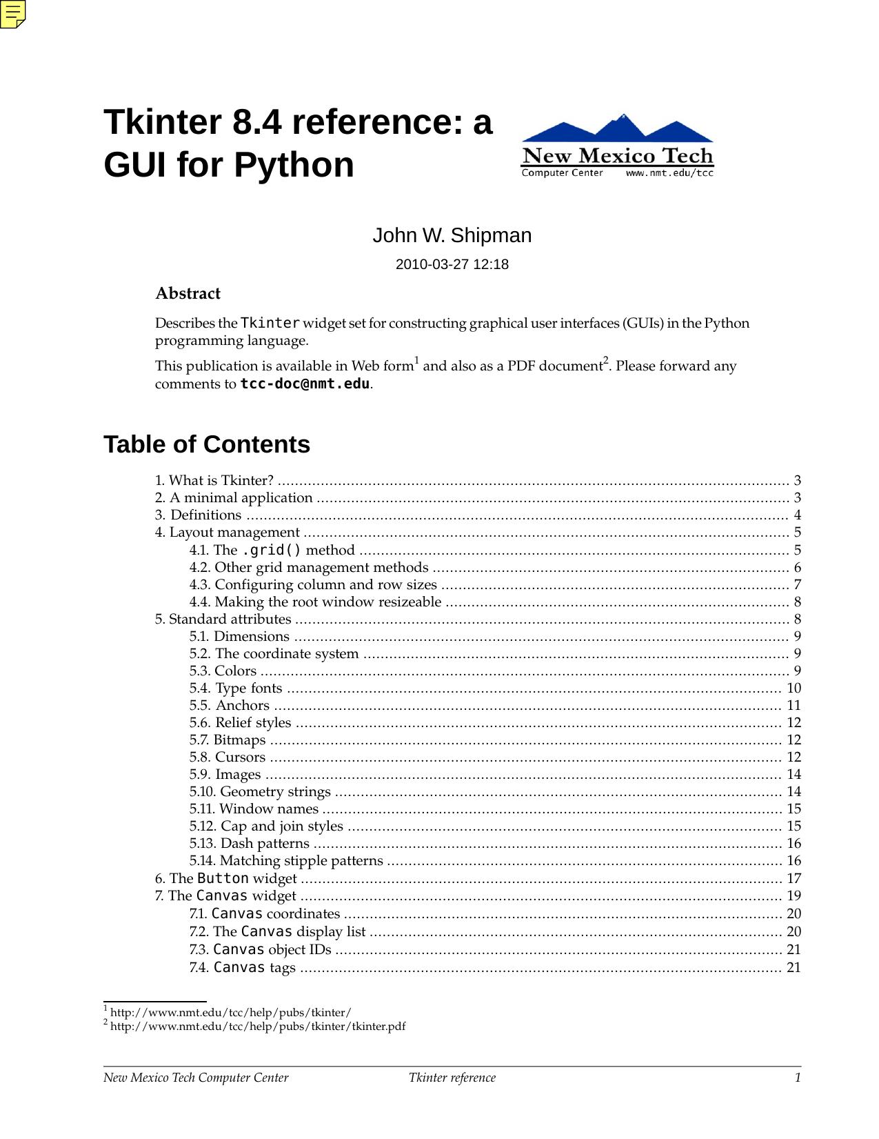 Tkinter 8.4 reference by a GUI for Python (2010)