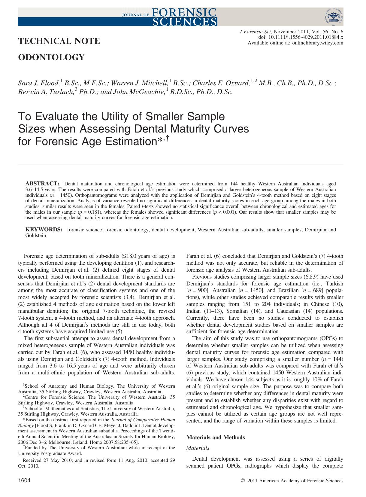 To Evaluate the Utility of Smaller Sample Sizes when Assessing Dental Maturity Curves for Forensic Age Estimation, by Unknown