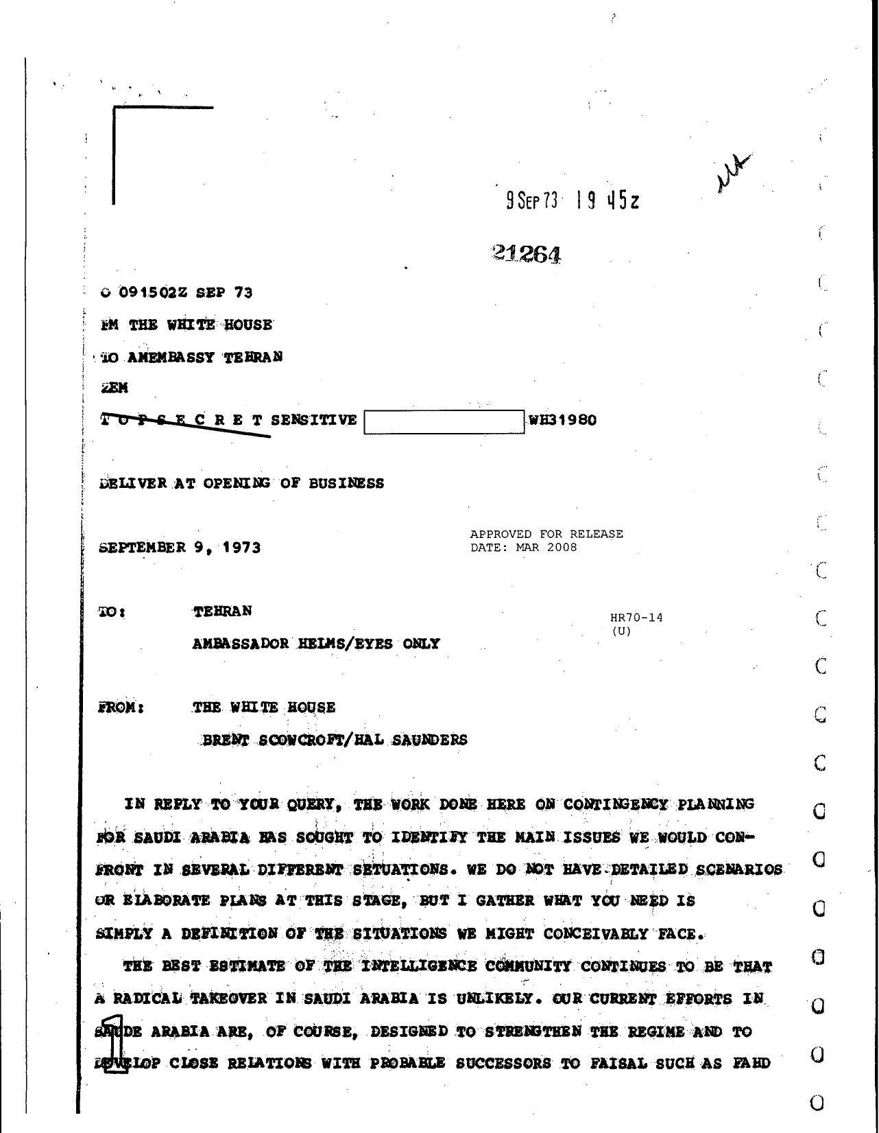 To Helms for Scowcroft Saunders re identify main issues in ... by Unknown