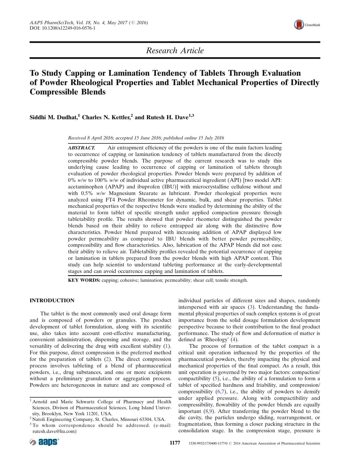 To Study Capping or Lamination Tendency of Tablets Through Evaluation of Powder Rheological Properties and Tablet Mechanical Properties of Directly Compressible Blends by Siddhi M. Dudhat & Charles N. Kettler & Rutesh H. Dave