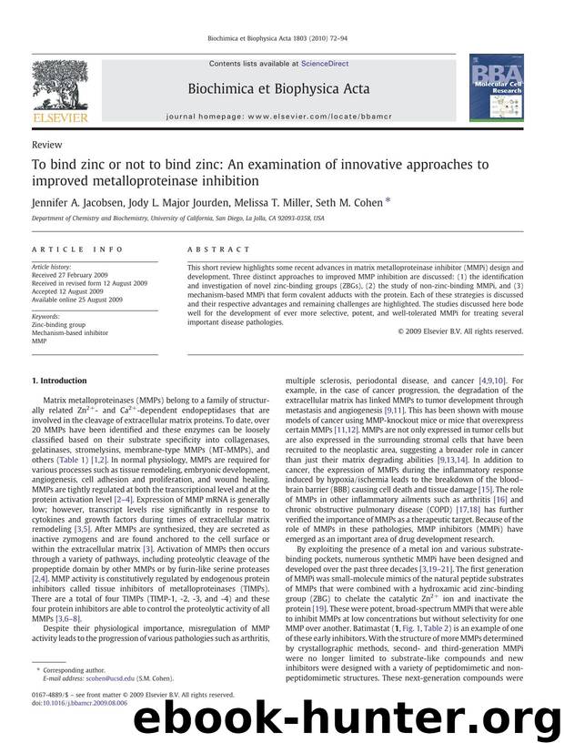 To bind zinc or not to bind zinc: An examination of innovative approaches to improved metalloproteinase inhibition by Jennifer A. Jacobsen; Jody L. Major Jourden; Melissa T. Miller; Seth M. Cohen