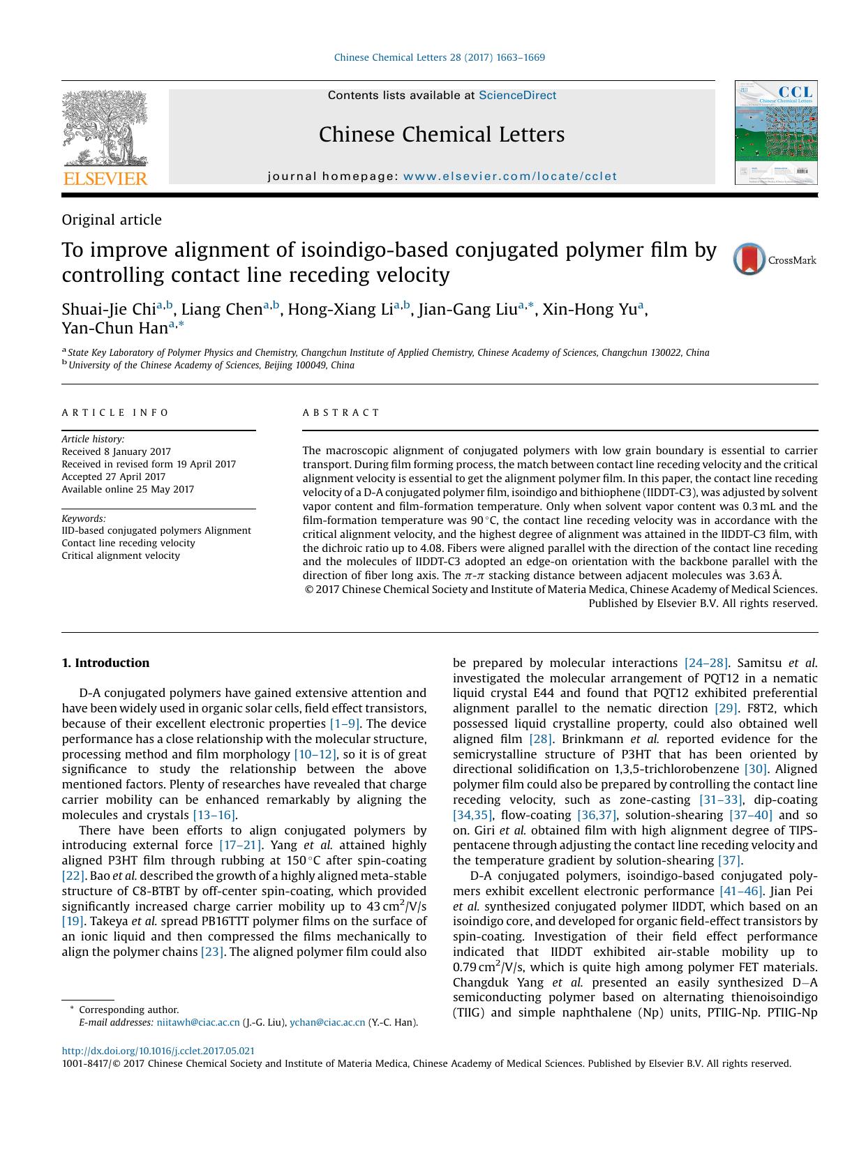 To improve alignment of isoindigo-based conjugated polymer film by controlling contact line receding velocity by Shuai-Jie Chi & Liang Chen & Hong-Xiang Li & Jian-Gang Liu & Xin-Hong Yu & Yan-Chun Han