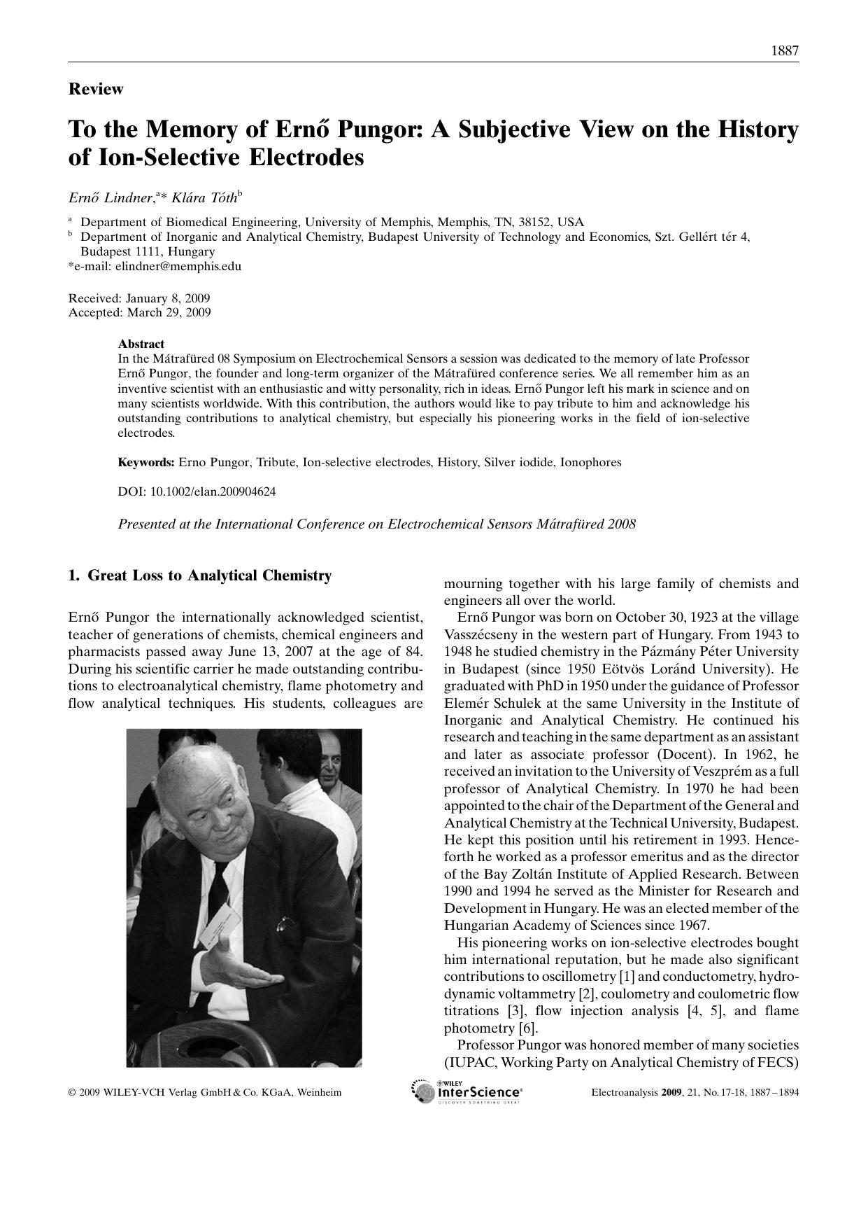 To the Memory of Ern[odblac] Pungor: A Subjective View on the History of Ion-Selective Electrodes by Unknown